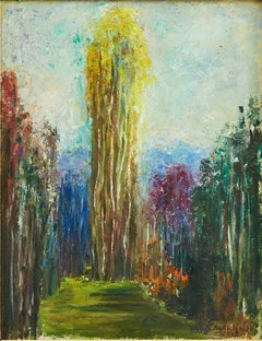 Tree Landscape, Expressionist Oil on Panel, Signed, 1940s, Framed