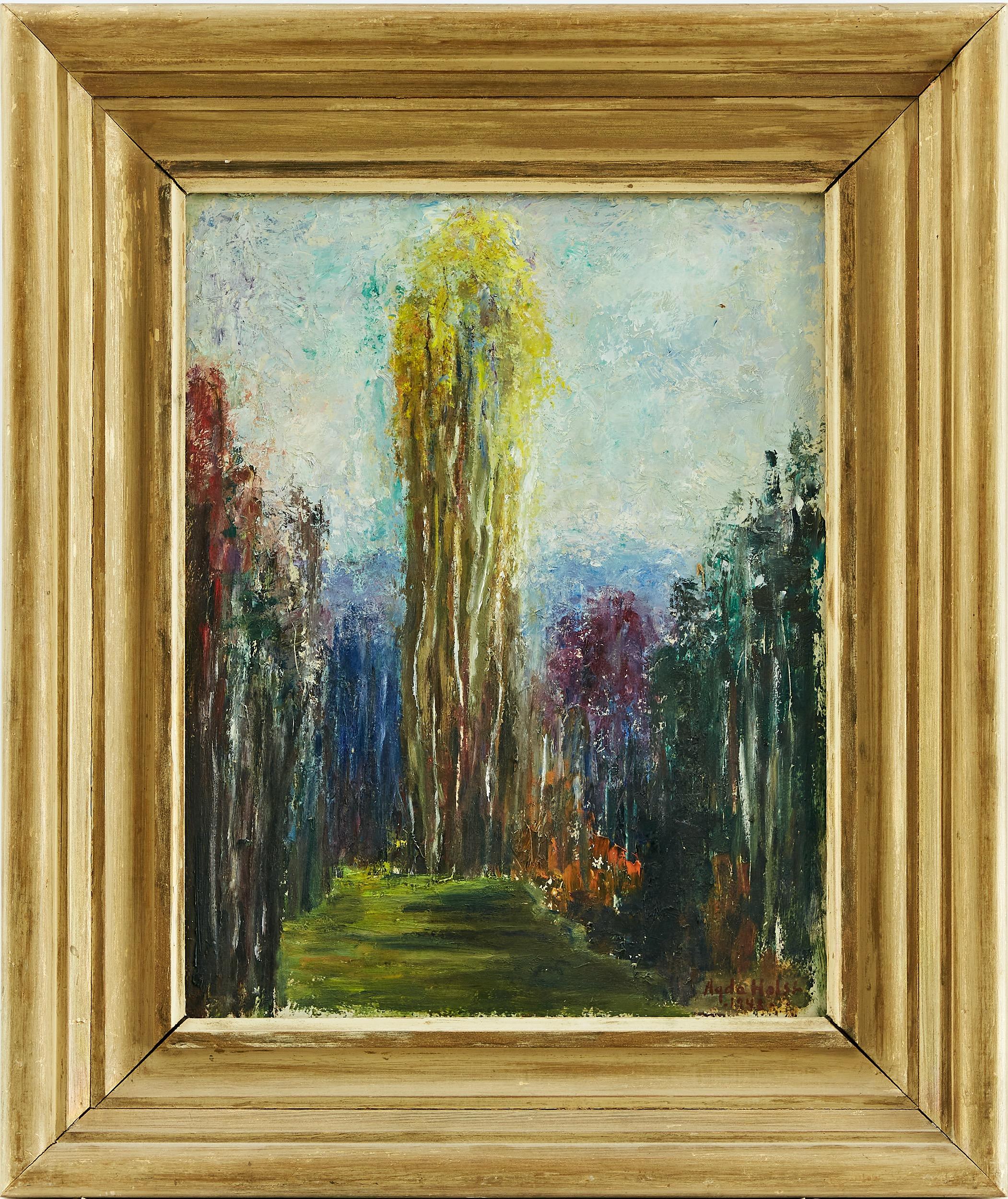 Un dipinto vivace che raffigura un viale di pioppi dai colori autunnali, con un pioppo giallo molto grande in posizione centrale. Forse un pioppo americano. L'artista, Agda Holst, ha utilizzato una tavolozza di colori diversi per i pioppi, creando