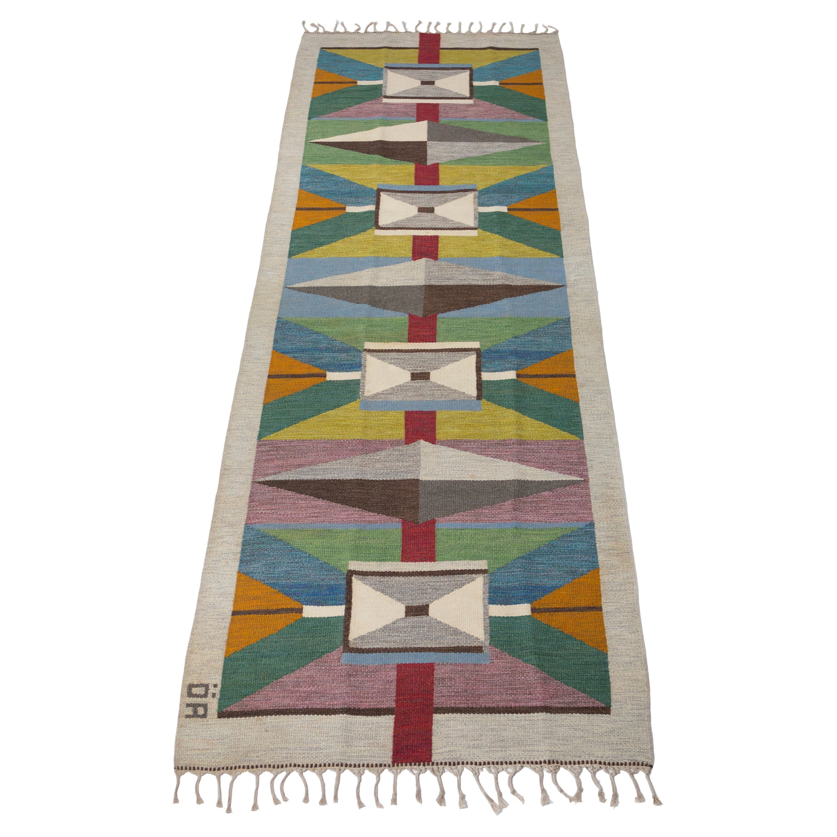 Agda Österberg Large Flat-Weave Runner Signed "AÖ" Sweden 1960s 14' 10" x 4" 10" For Sale