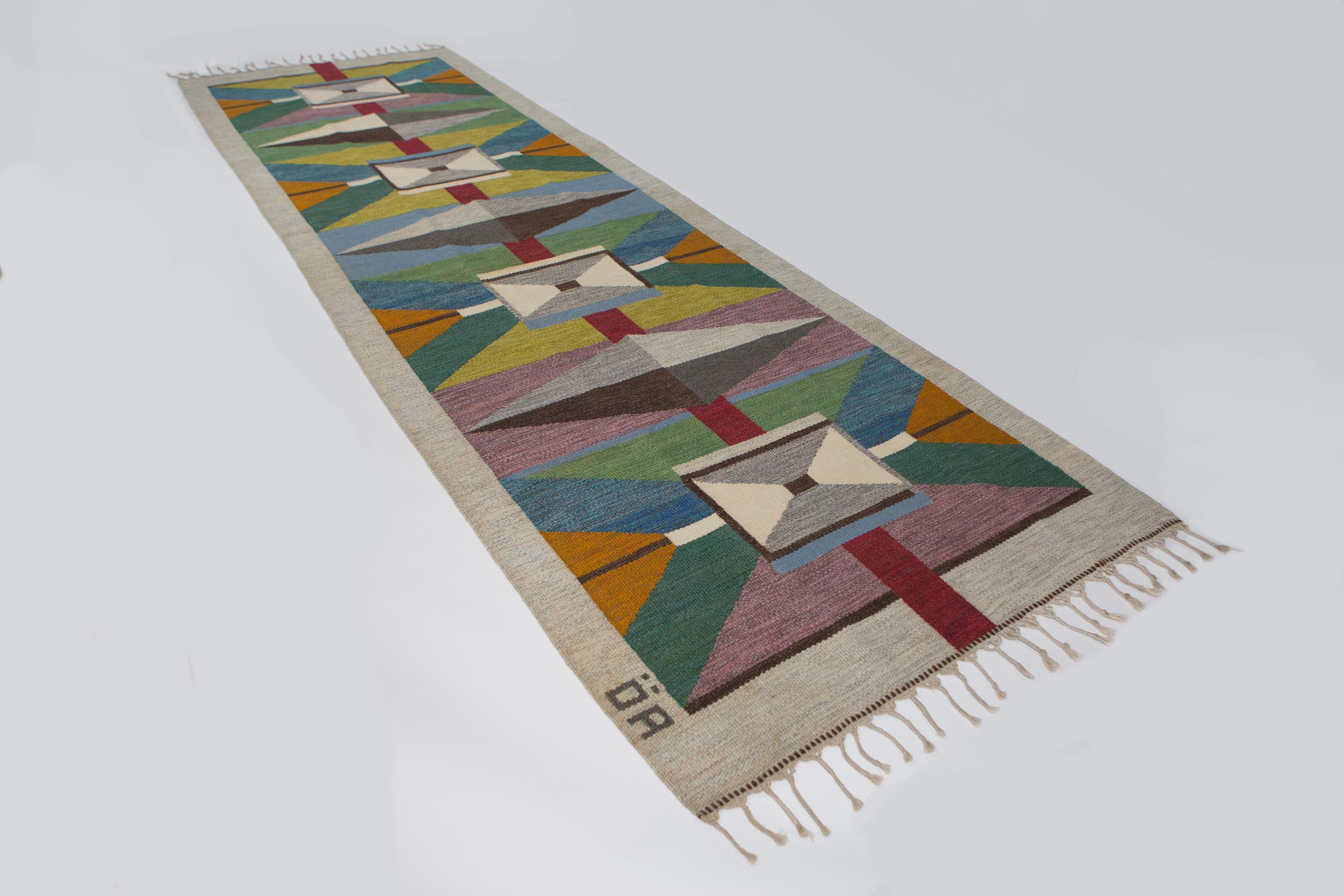 Swedish Agda Österberg Large Flat-Weave Runner Signed 