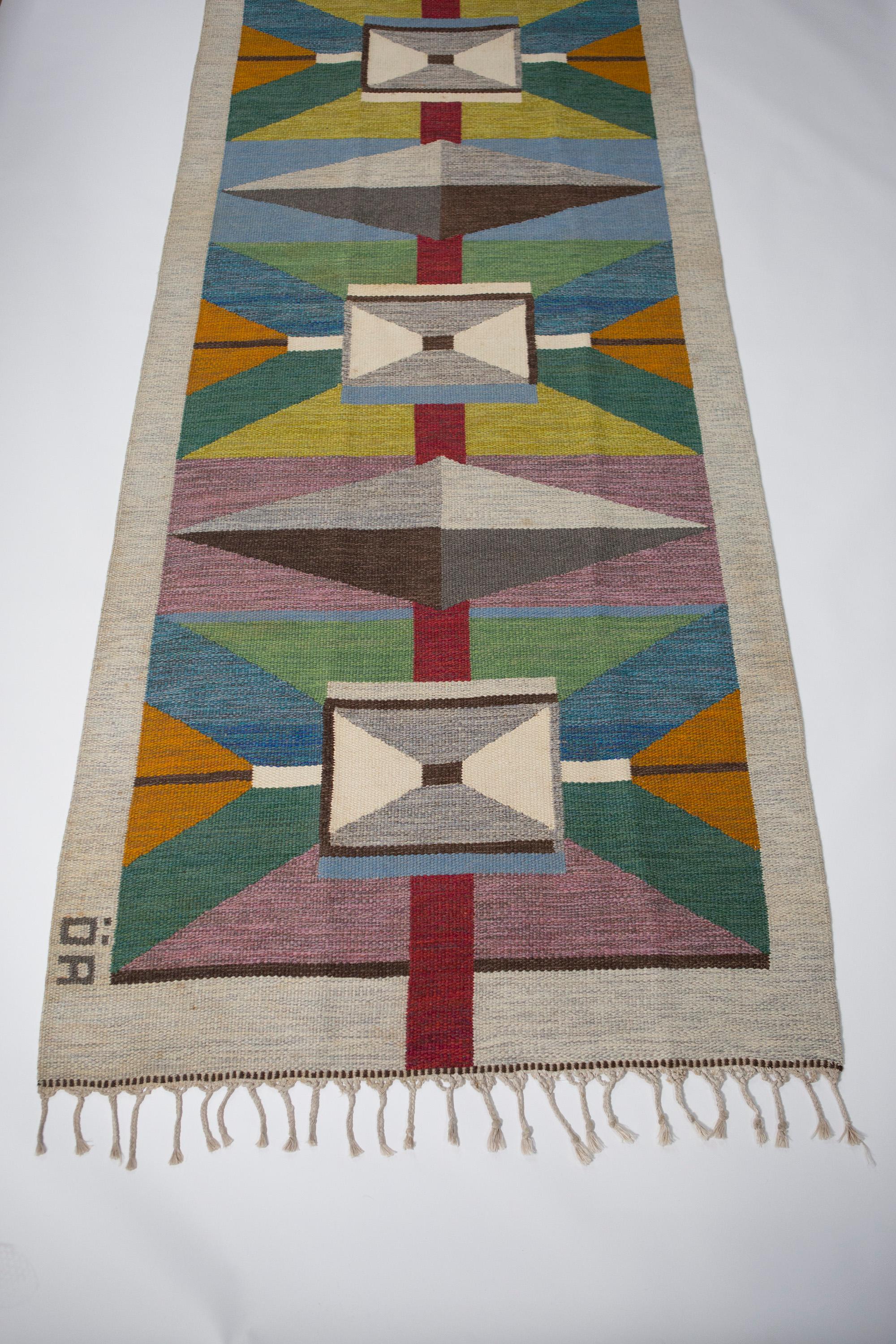 Hand-Woven Agda Österberg Large Flat-Weave Runner Signed 