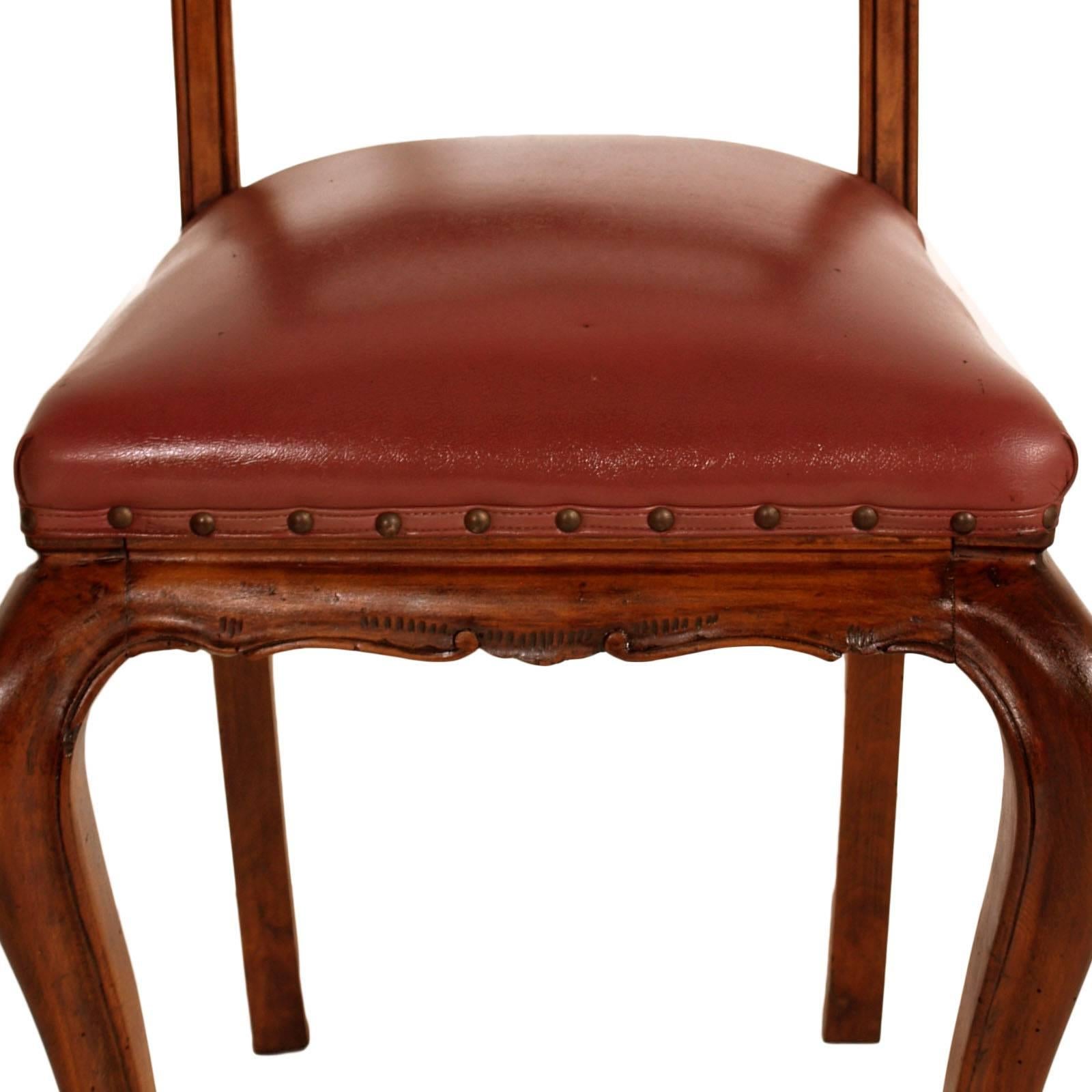 Italian Pair Art Nouveau Neoclassical Chairs , Hand-Carved Walnut, Spring Leather Seat For Sale