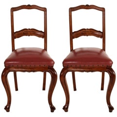 Antique Pair Art Nouveau Neoclassical Chairs , Hand-Carved Walnut, Spring Leather Seat