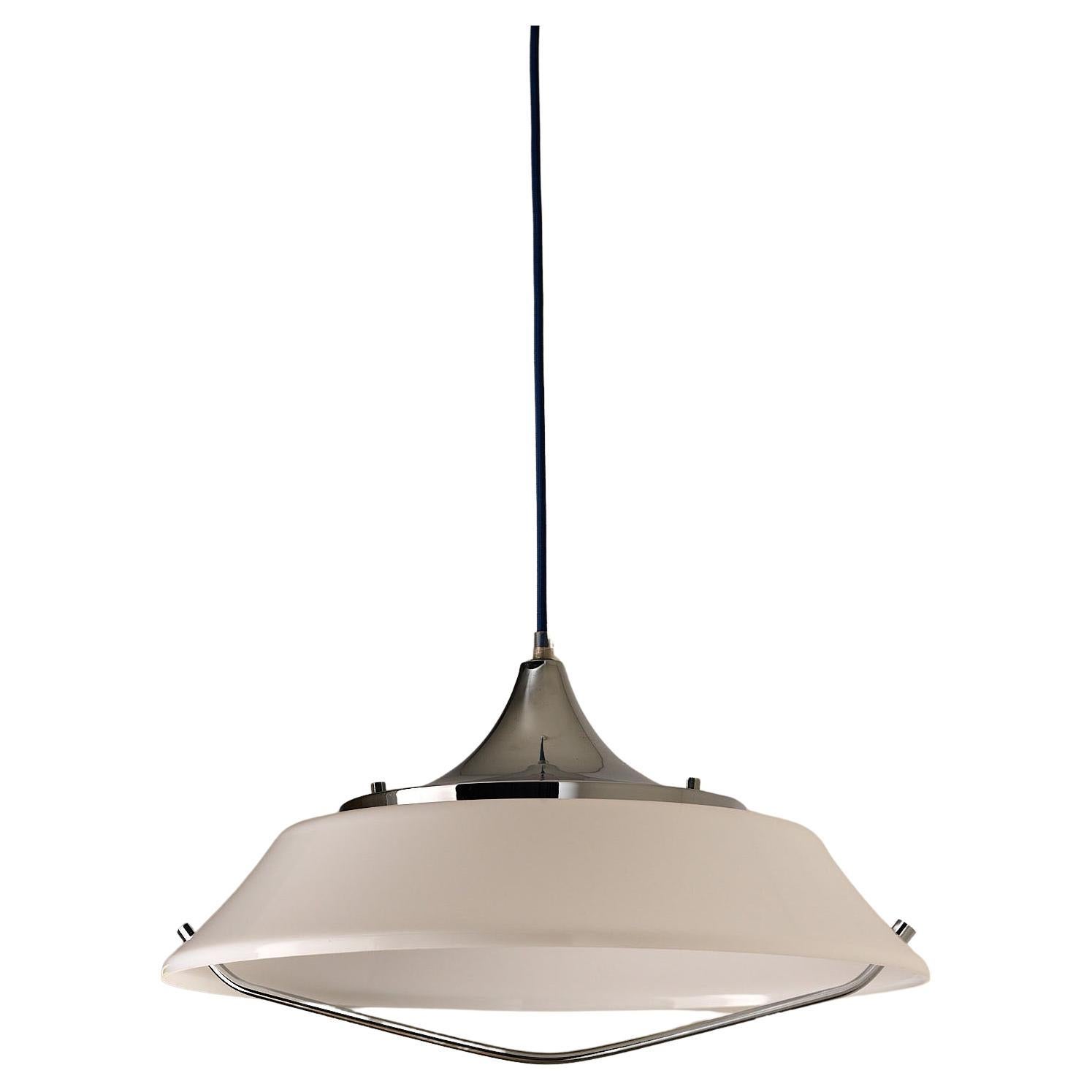 Age Plexiglass Dish Pendant with Chrome Detail, 1970s