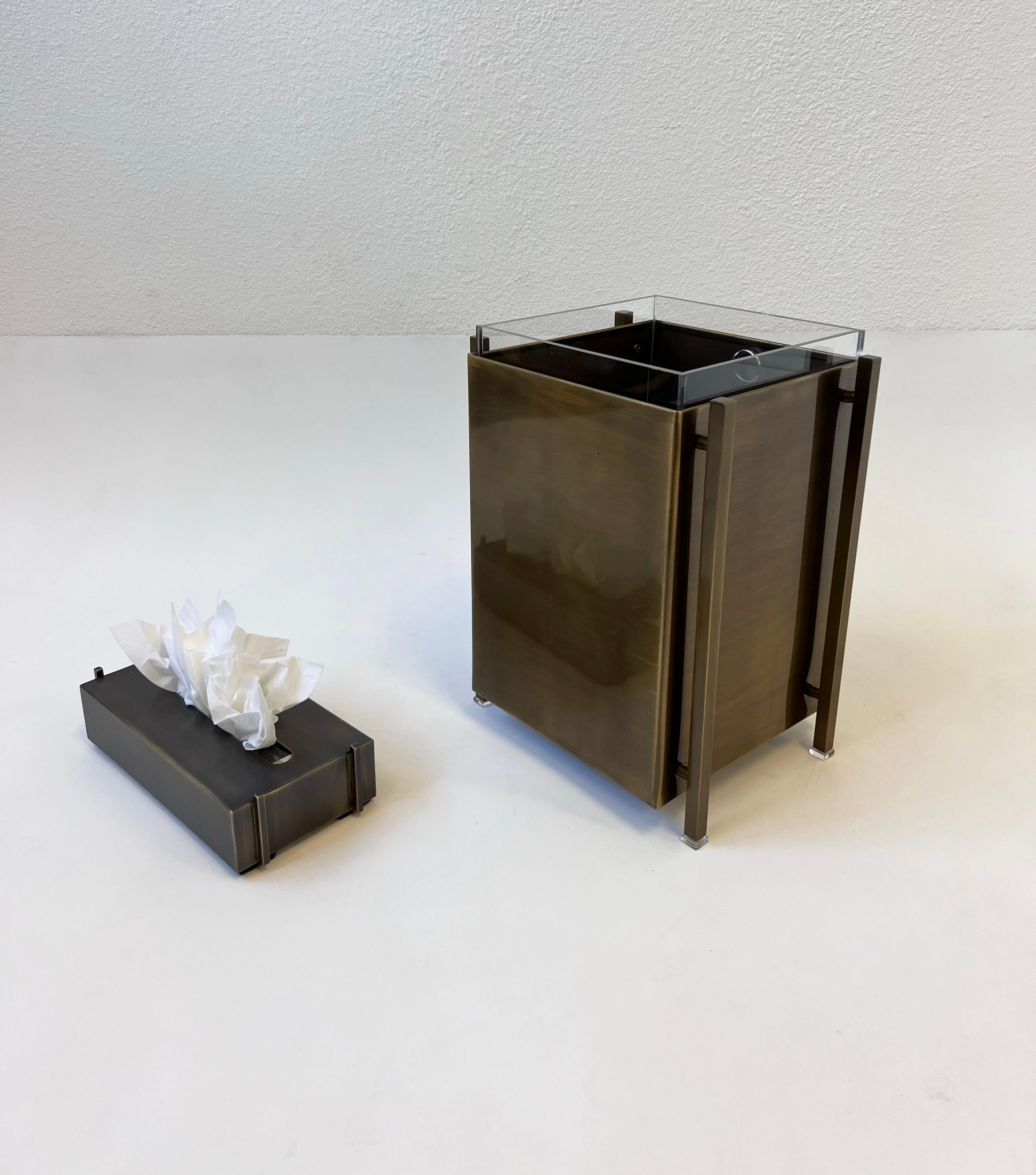 Mid-Century Modern Aged Brass and Acrylic Waste Basket and Tissue Holder by Charles Hollis Jones For Sale