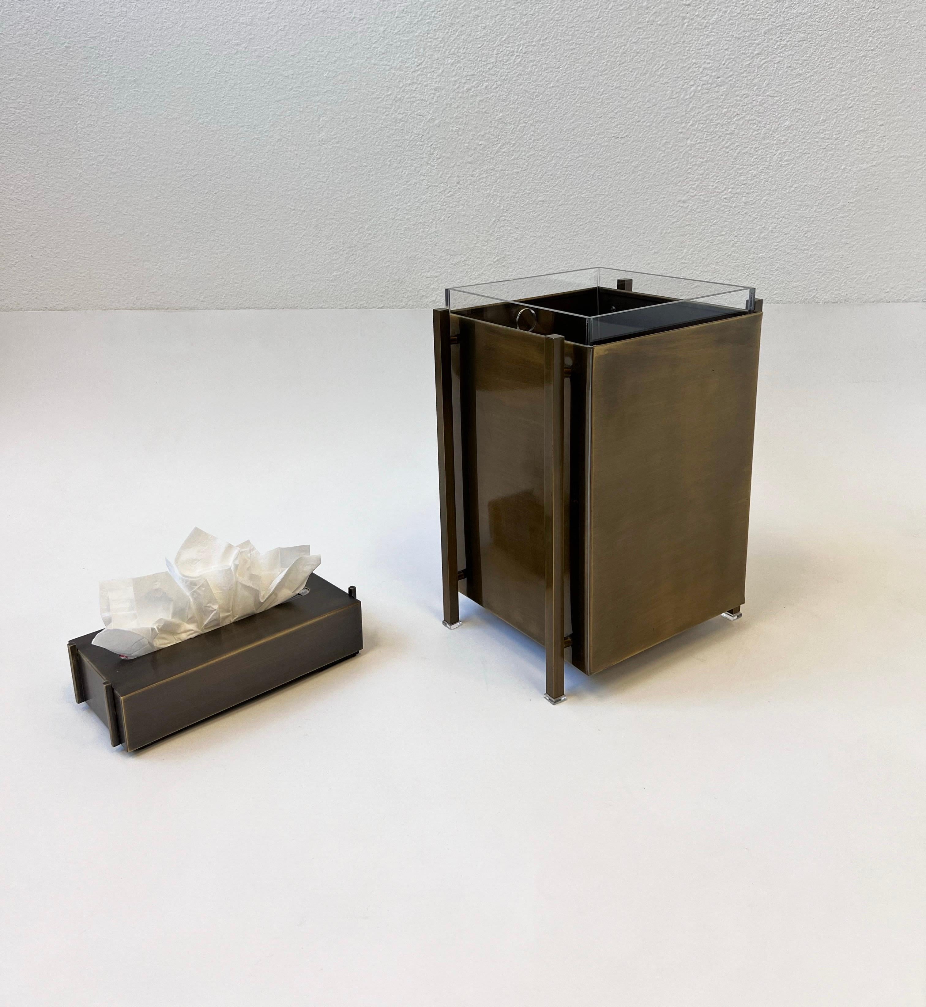 American Aged Brass and Acrylic Waste Basket and Tissue Holder by Charles Hollis Jones For Sale
