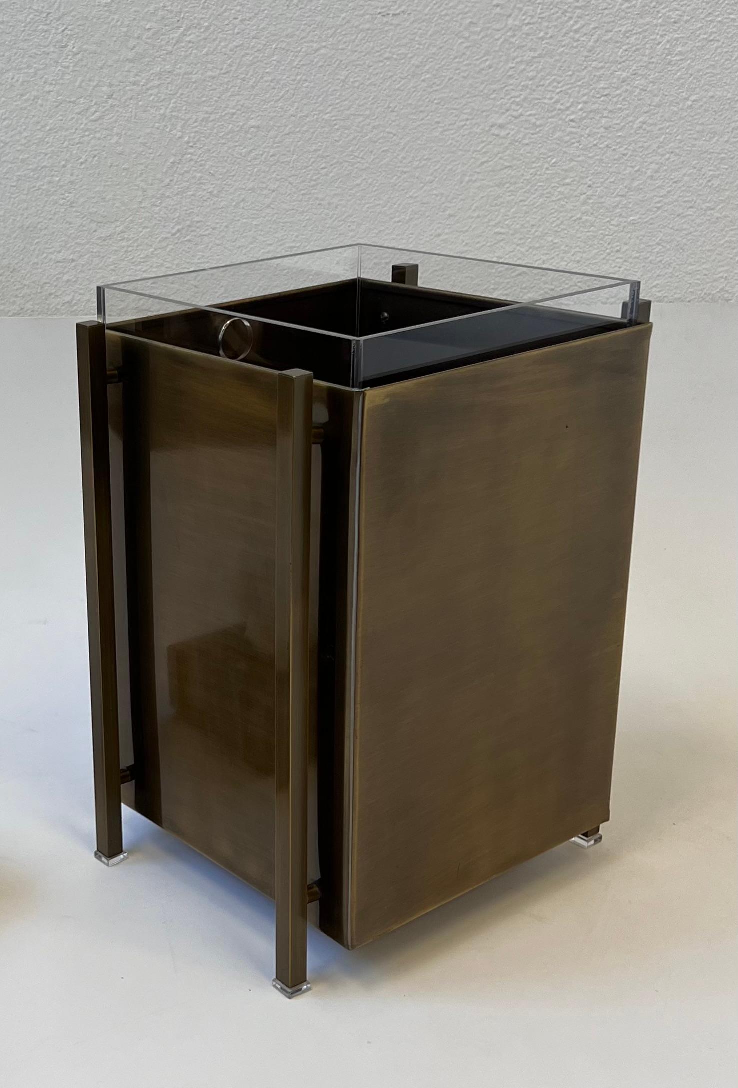 Hand-Crafted Aged Brass and Acrylic Waste Basket and Tissue Holder by Charles Hollis Jones For Sale