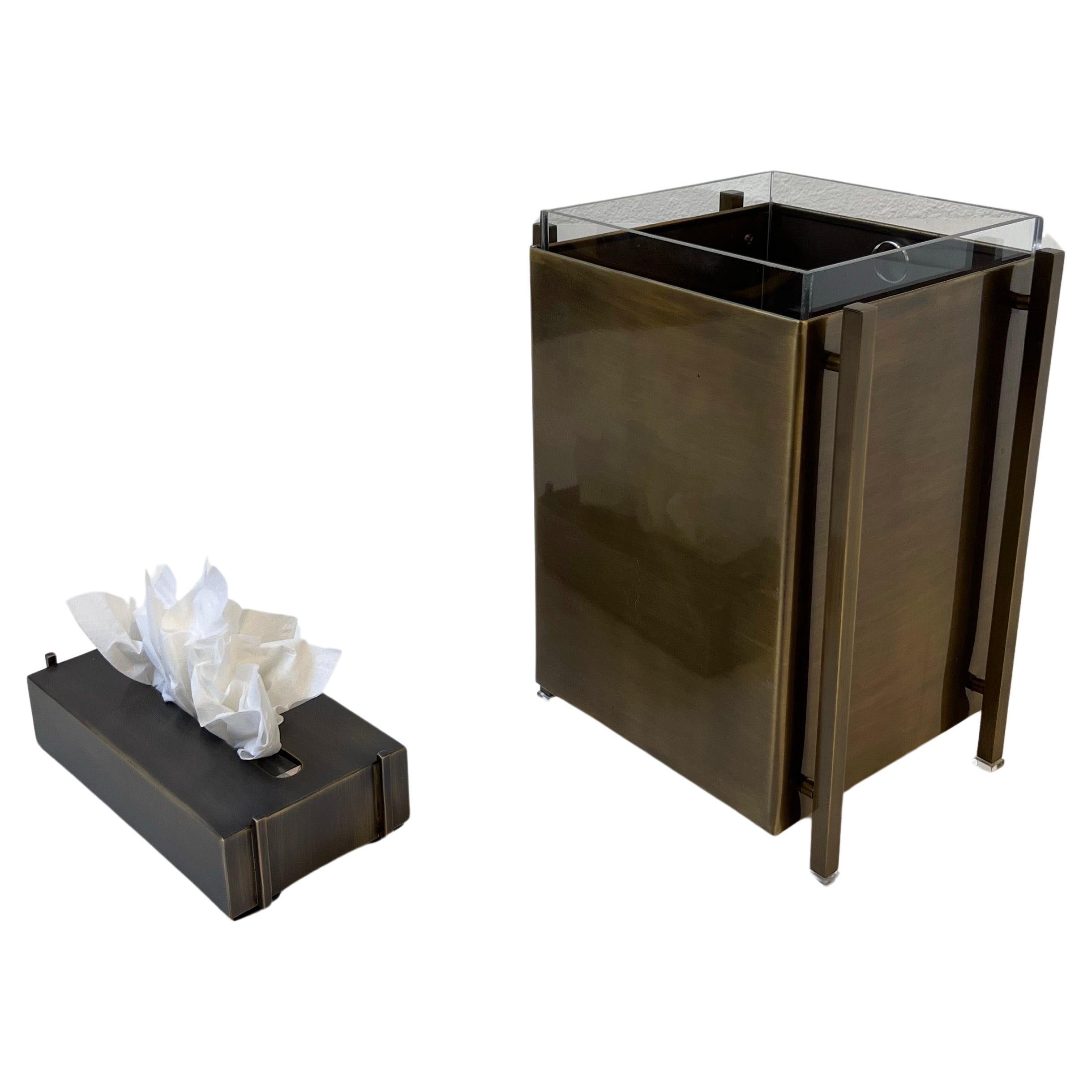 Aged Brass and Acrylic Waste Basket and Tissue Holder by Charles Hollis Jones For Sale