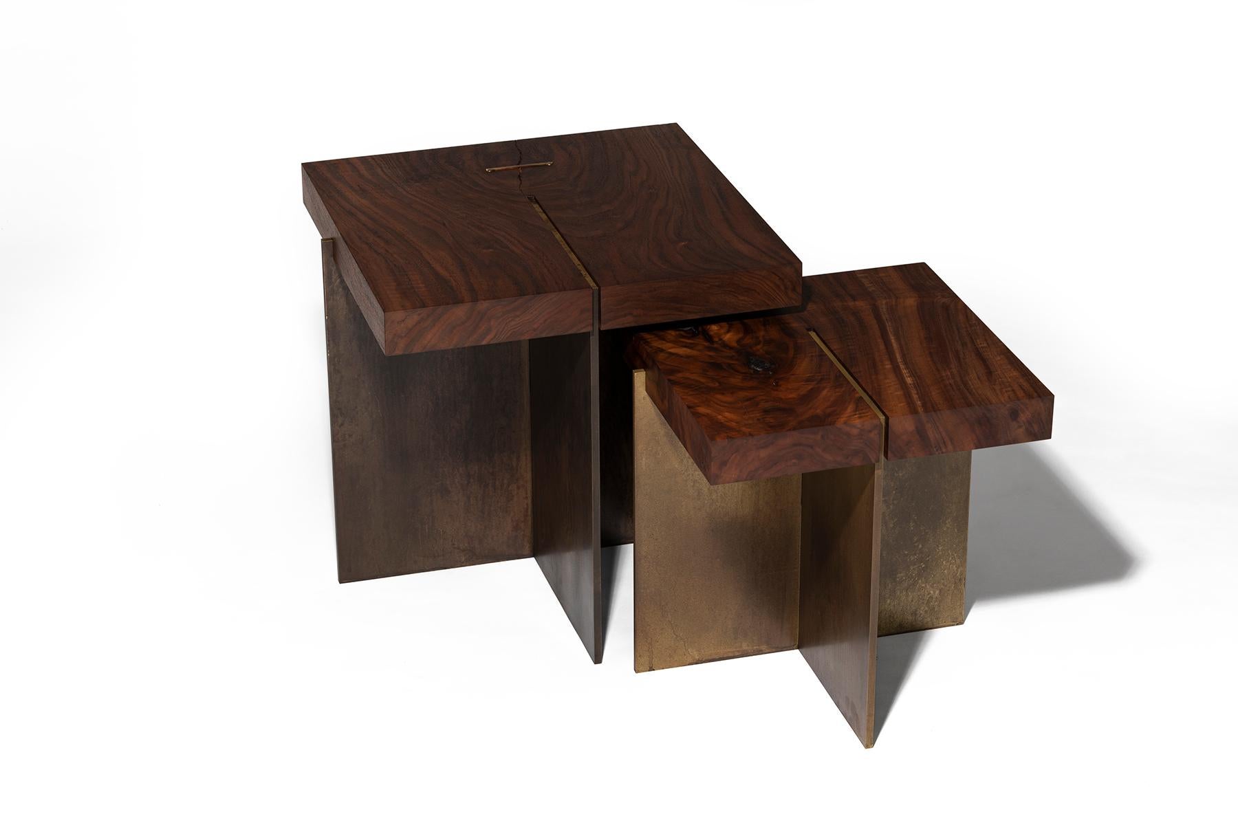 These simple yet handsome Cartesian nesting tables by Taylor Donsker feature an interlocking solid Walnut and hand aged solid brass base. Available in different sizes and materials, customizable. Shown in large (20