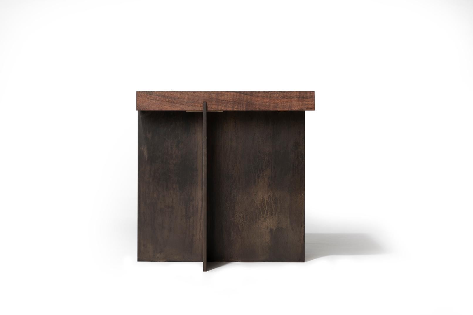 Hand-Crafted Aged Brass and California Walnut Cartesian Nesting Table Set For Sale