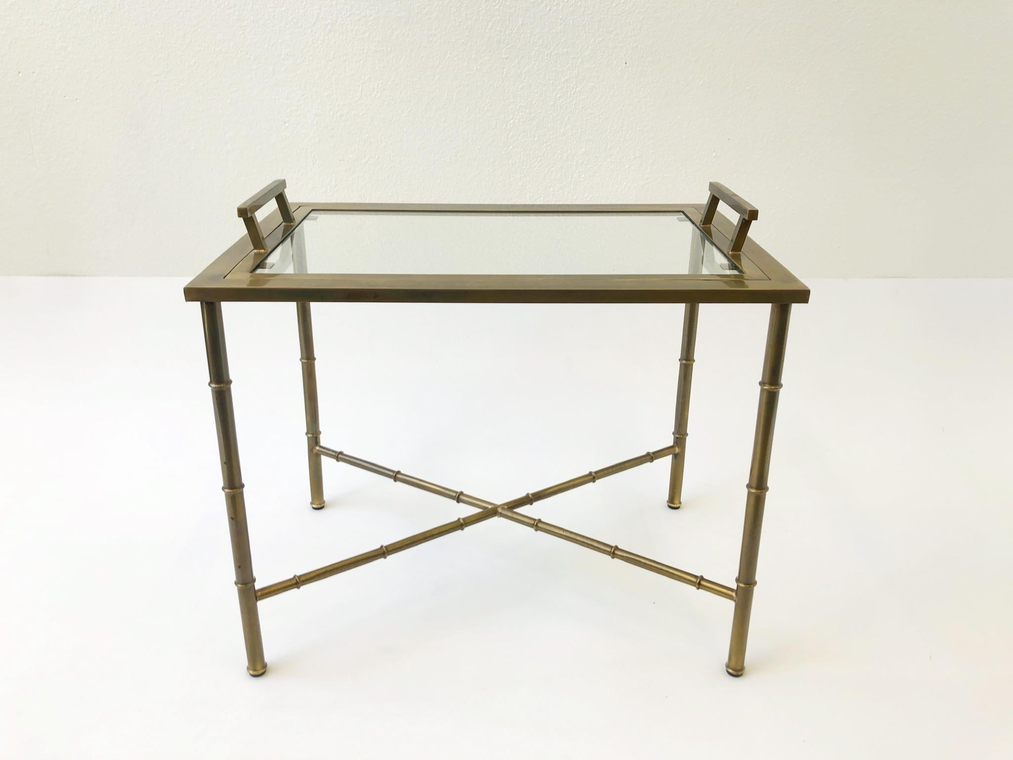 Hollywood Regency Aged Brass and Glass Faux Bamboo Tray Table by Mastercraft