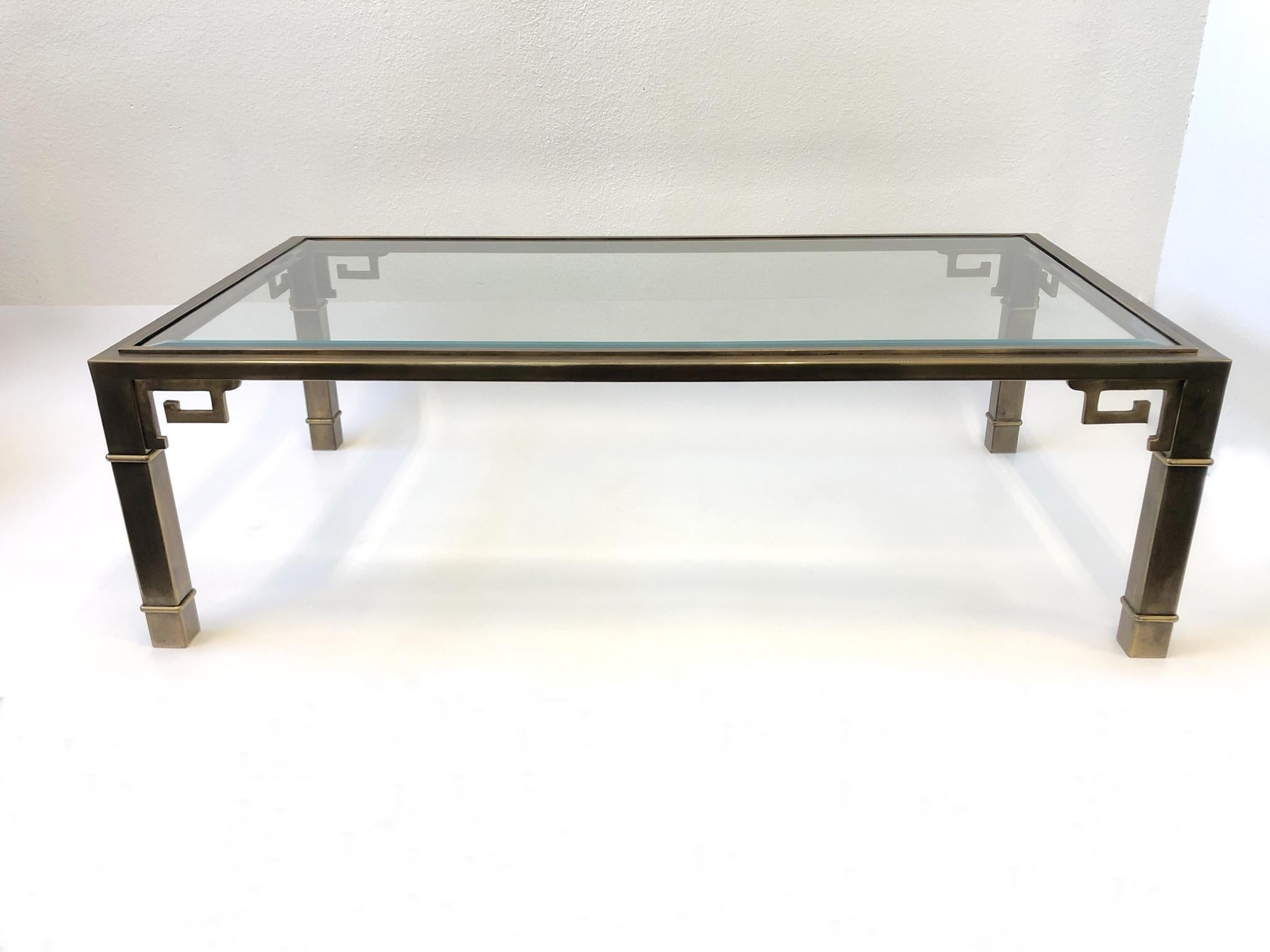 Aged Brass and Glass Greek Key Cocktail Table by Mastercraft 5