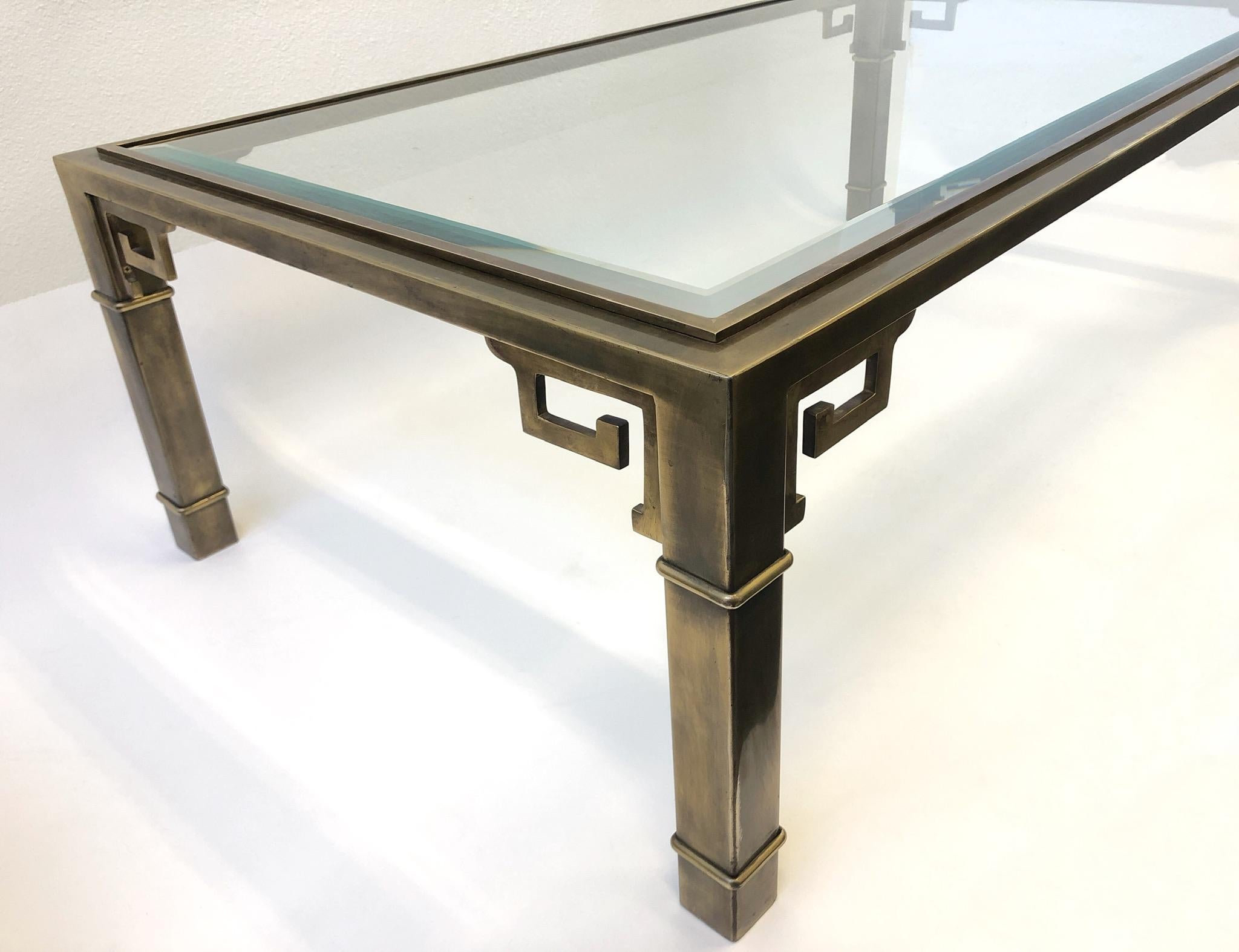 Beveled Aged Brass and Glass Greek Key Cocktail Table by Mastercraft