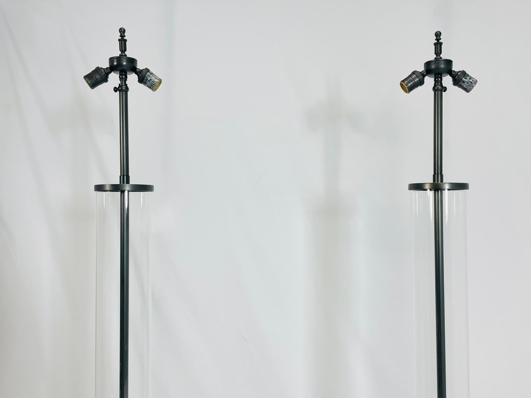 Aged Brass & Glass Cylinder Floor Lamps by Restoration Hardware For Sale 3