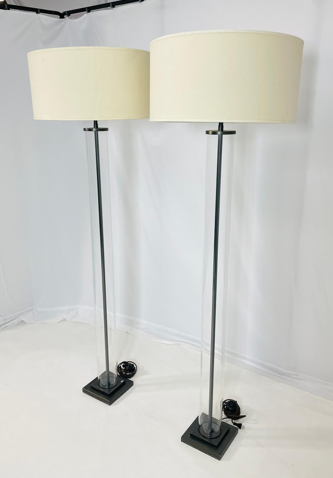 Mid-Century Modern Aged Brass & Glass Cylinder Floor Lamps by Restoration Hardware For Sale