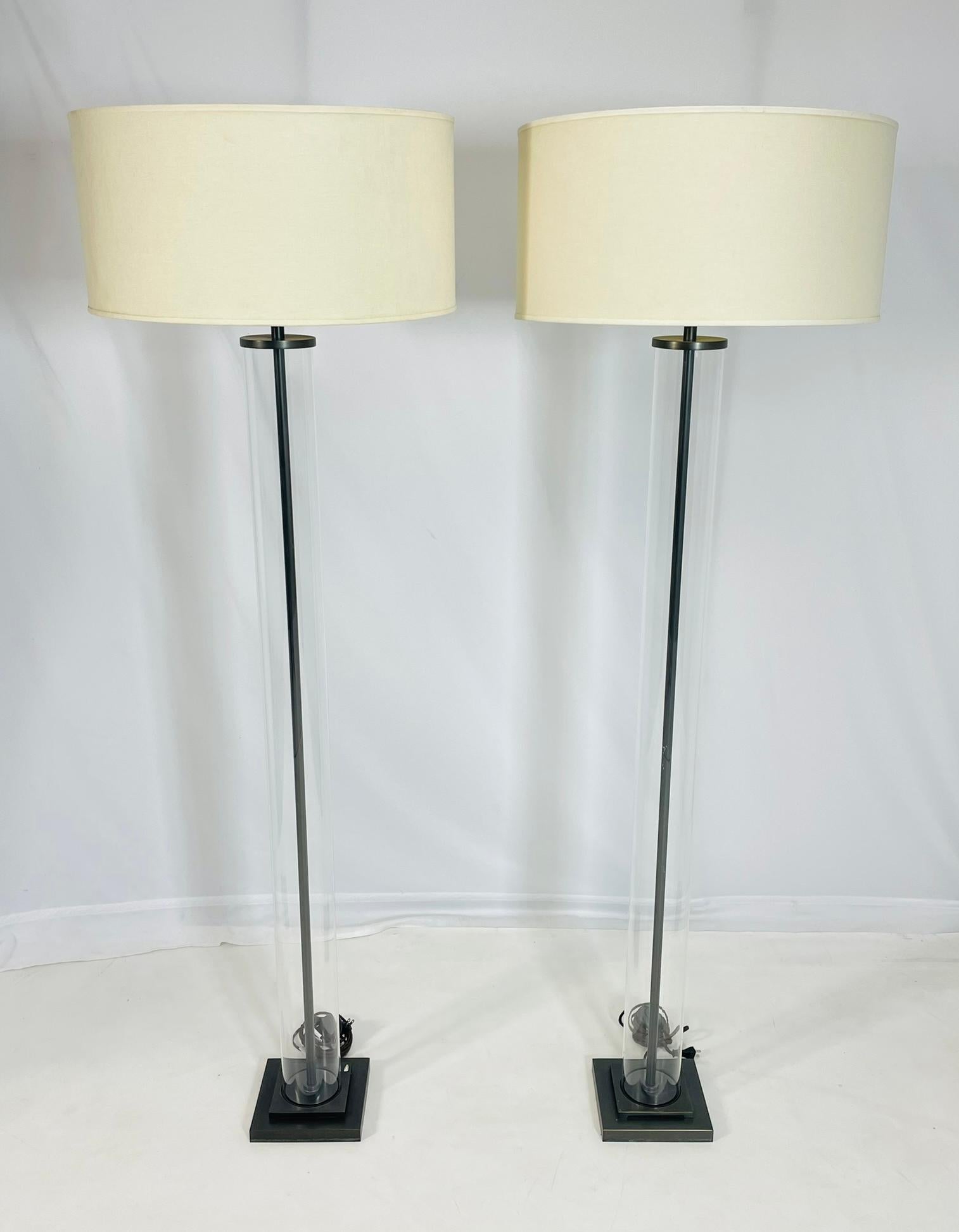 Chinese Aged Brass & Glass Cylinder Floor Lamps by Restoration Hardware For Sale