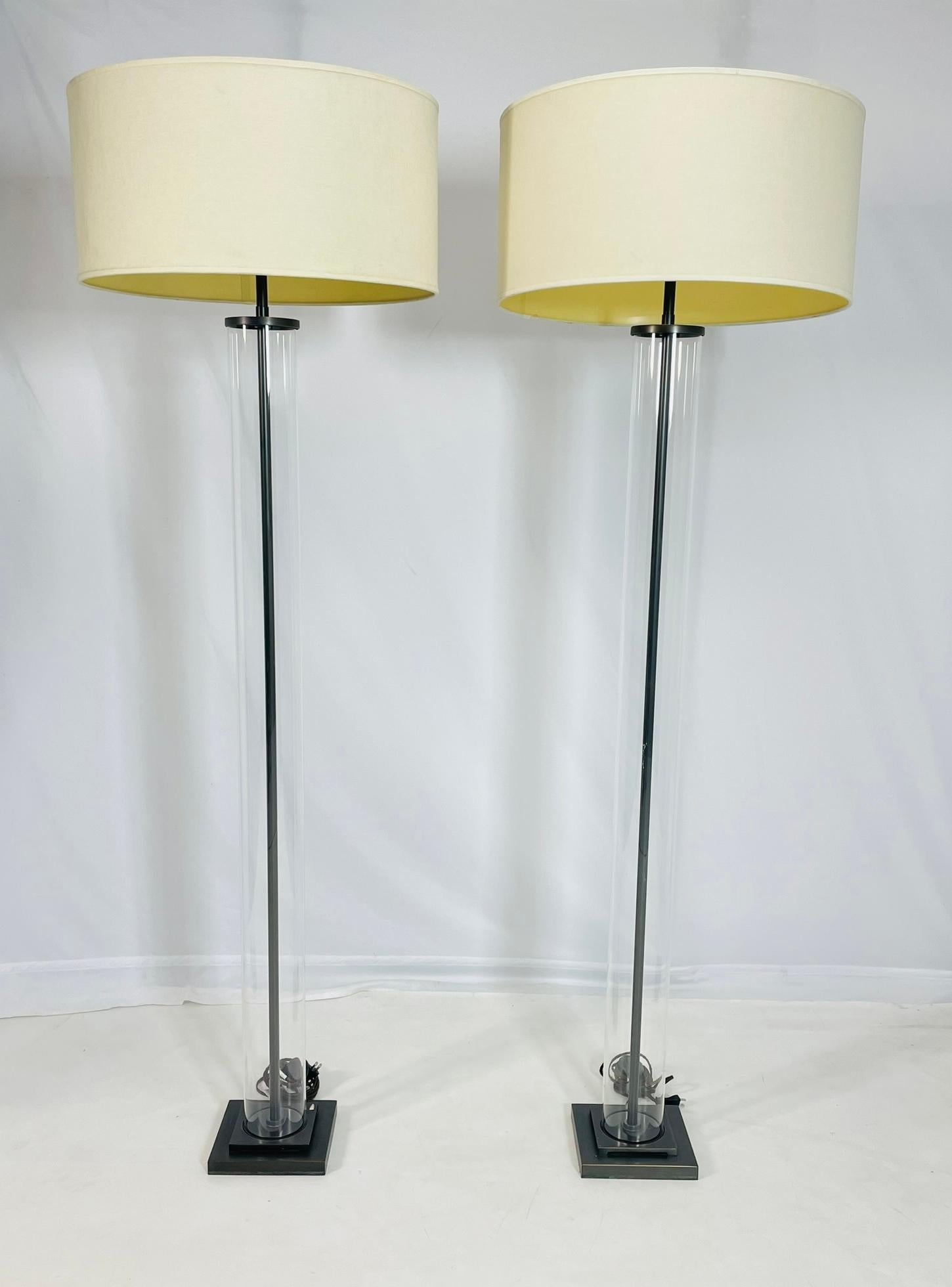 Hand-Crafted Aged Brass & Glass Cylinder Floor Lamps by Restoration Hardware For Sale