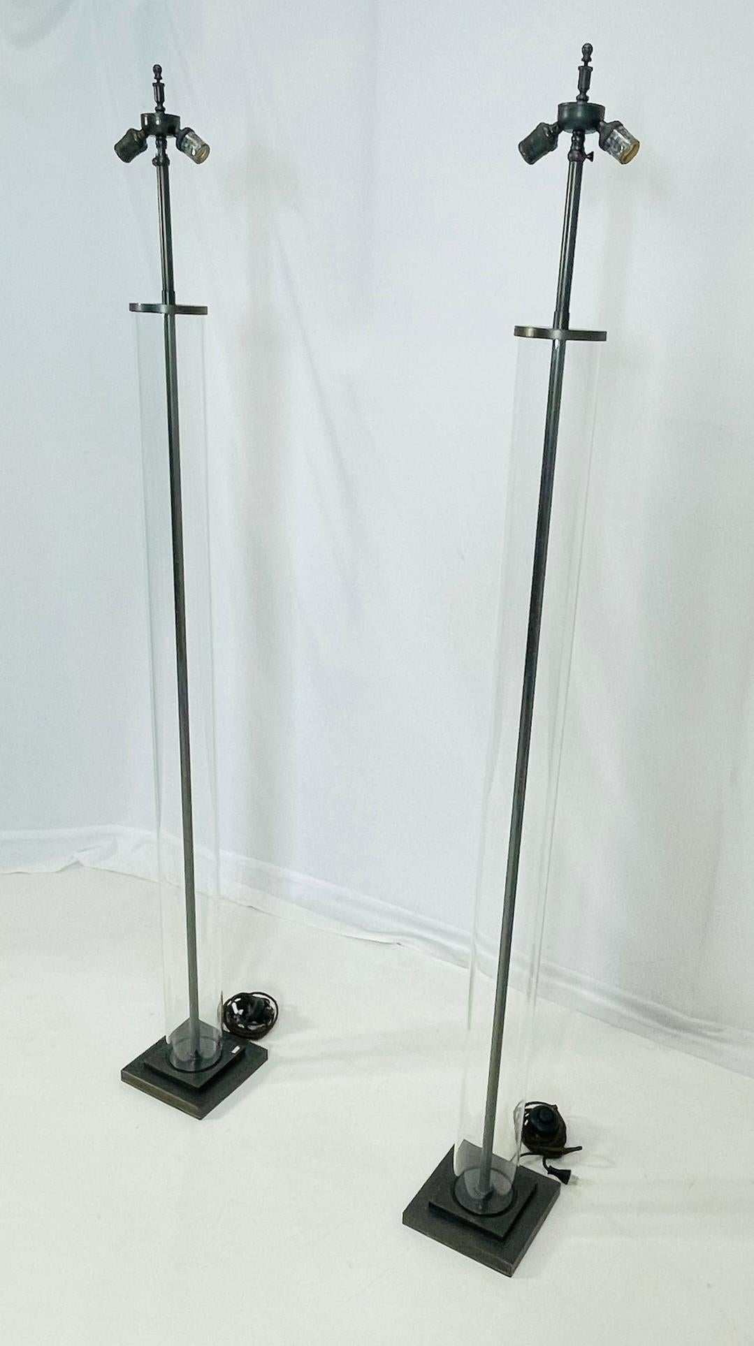 Aged Brass & Glass Cylinder Floor Lamps by Restoration Hardware In Good Condition For Sale In Los Angeles, CA
