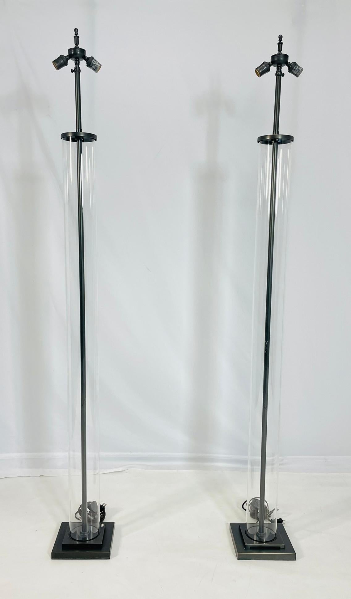 Contemporary Aged Brass & Glass Cylinder Floor Lamps by Restoration Hardware For Sale
