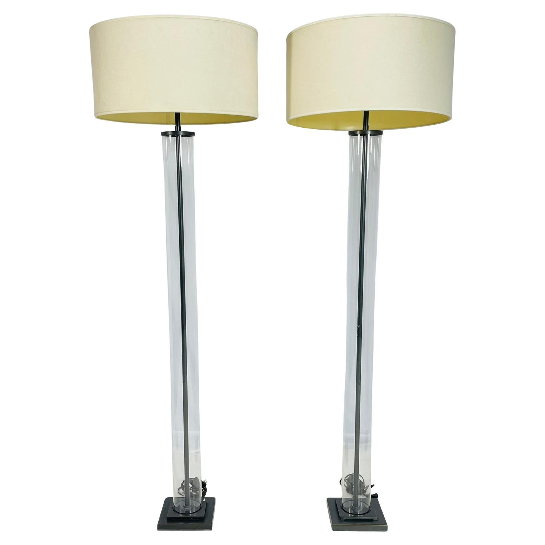 Aged Brass & Glass Cylinder Floor Lamps by Restoration Hardware For Sale