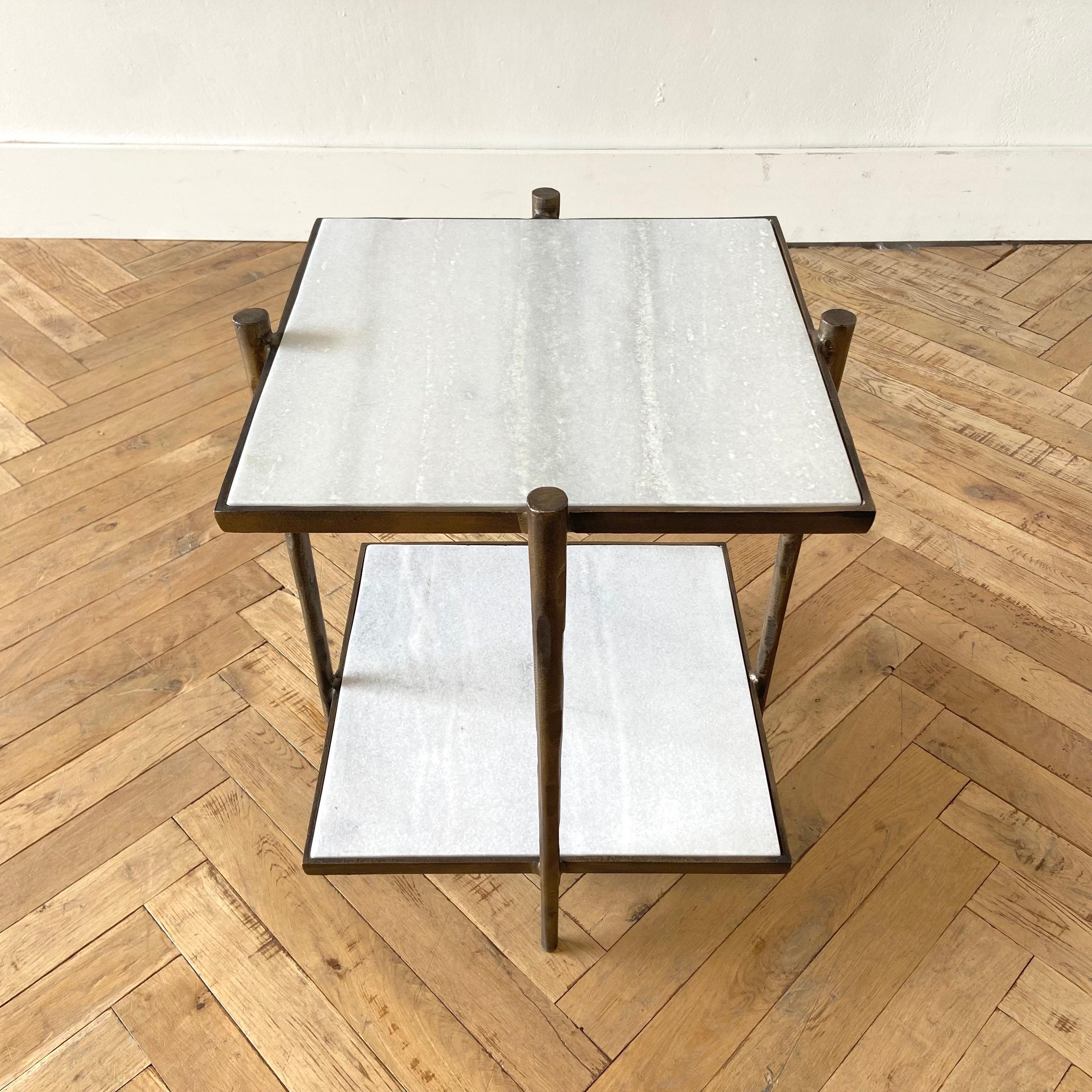 Contemporary Aged Brass Metal and Marble Square Side Table For Sale