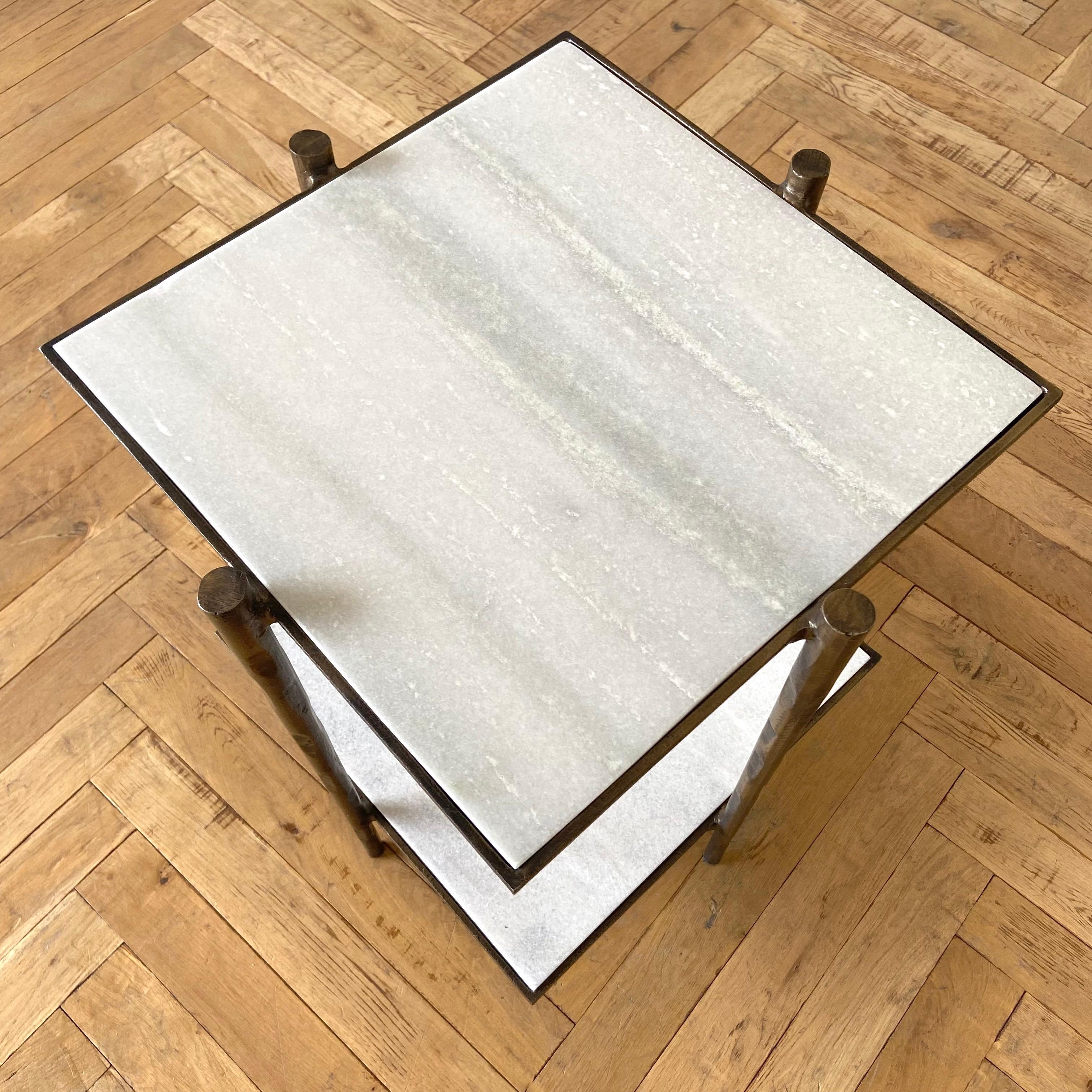 Aged Brass Metal and Marble Square Side Table For Sale 1
