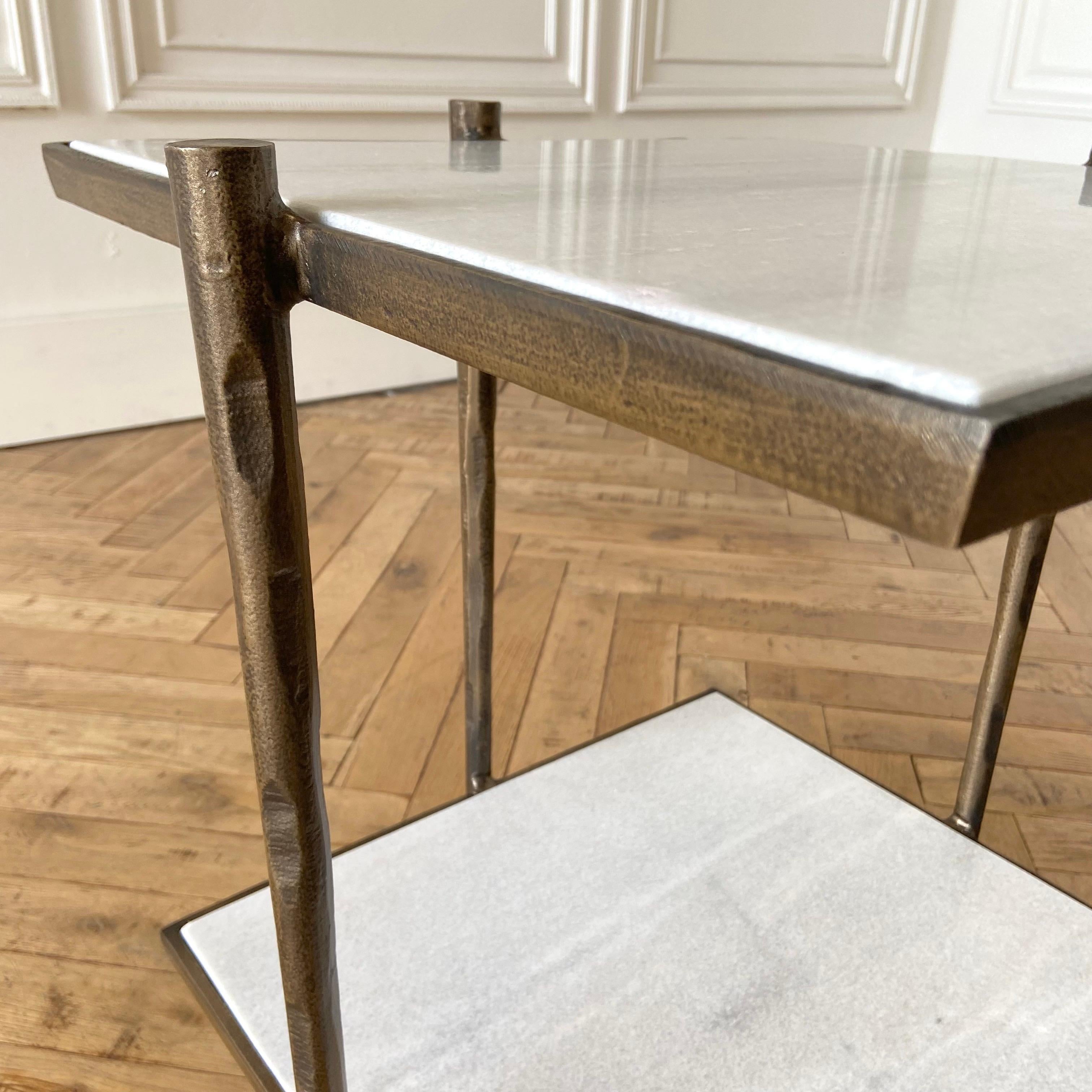 Aged Brass Metal and Marble Square Side Table For Sale 2