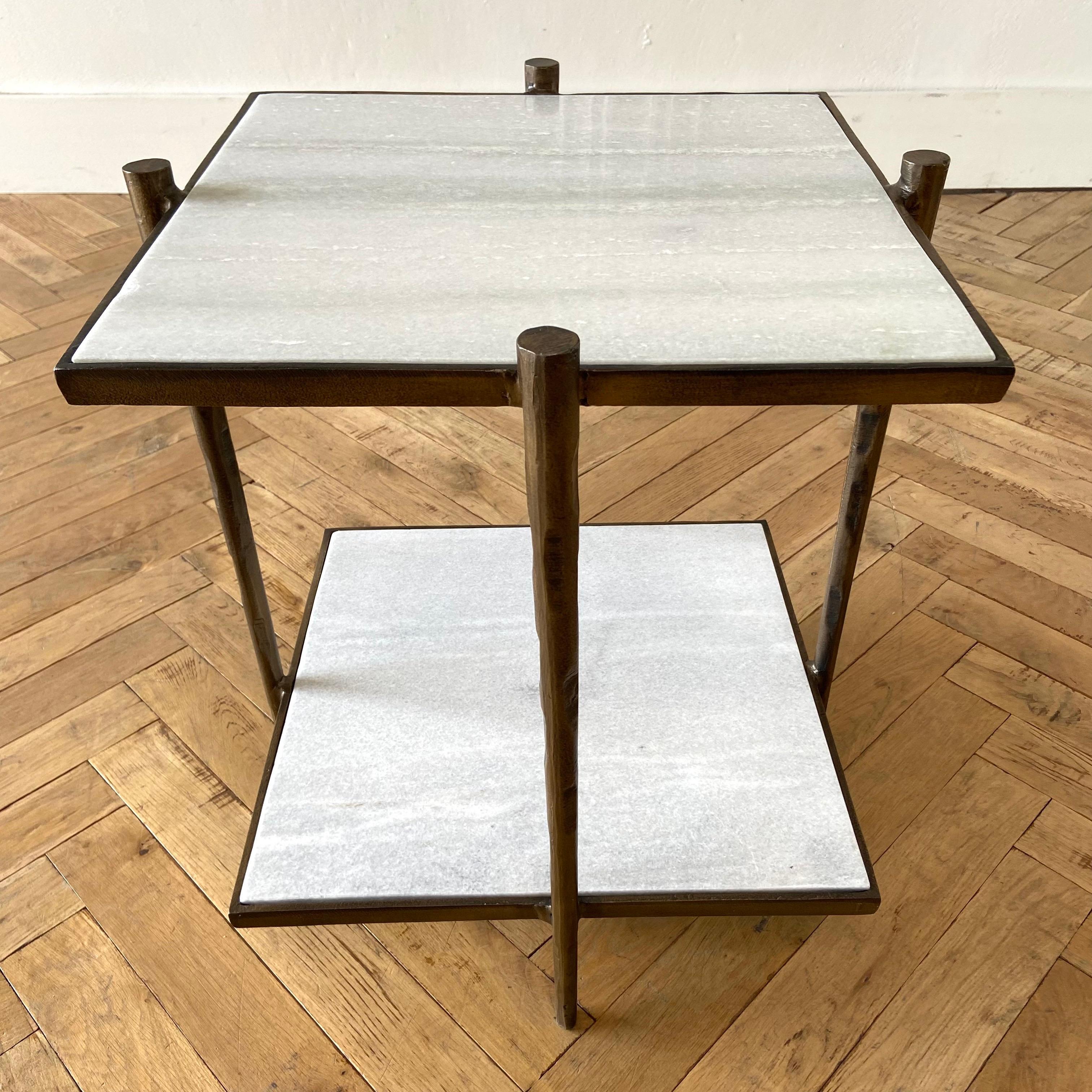 Aged Brass Metal and Marble Square Side Table 3