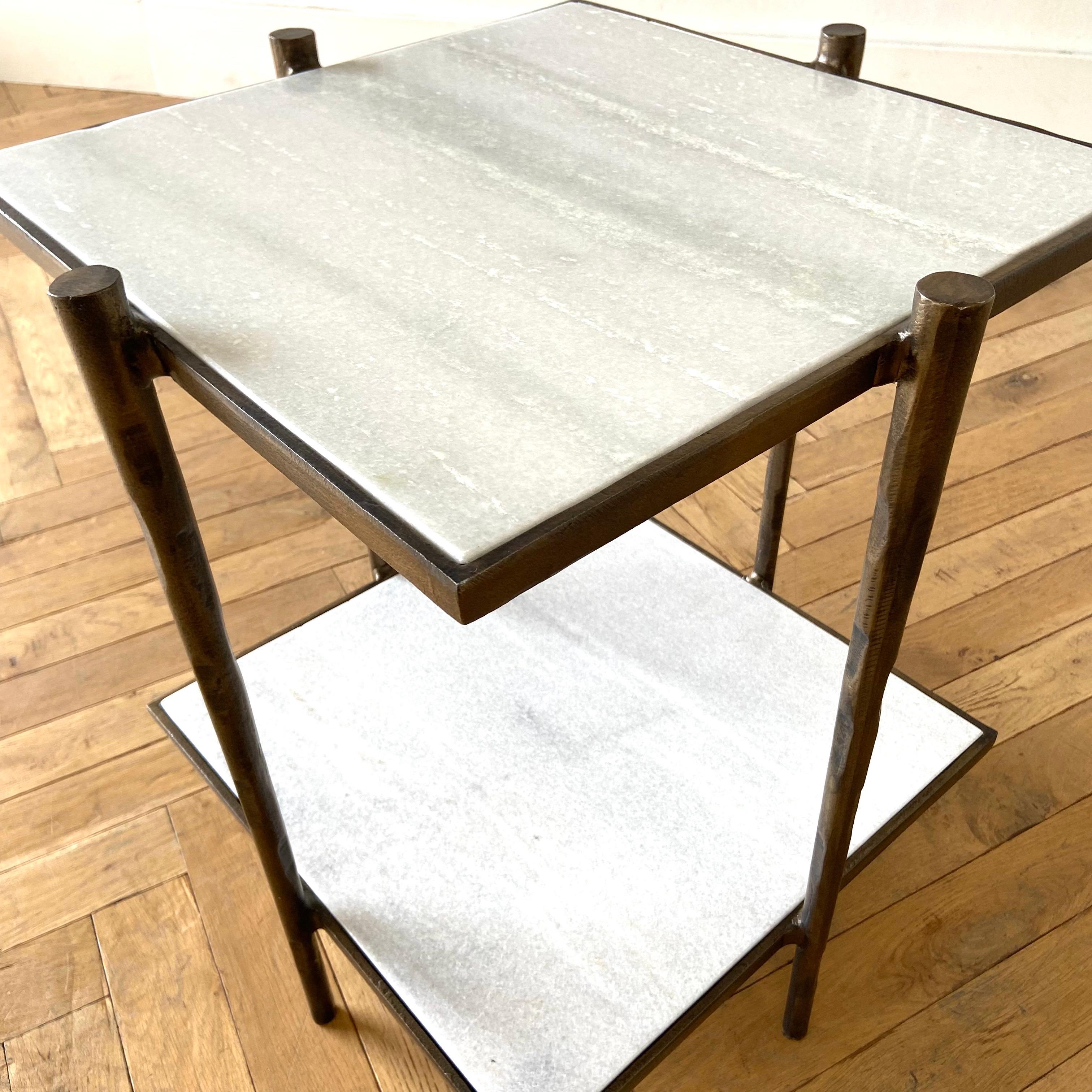 Aged Brass Metal and Marble Square Side Table For Sale 4