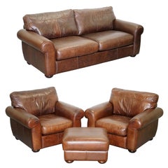 Aged Brown Leather Madison Suite Sofa Pair of Armchairs Footstool Ottoman