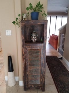 Aged Brown Moroccan Carved Cabinet, Old Window Shutter