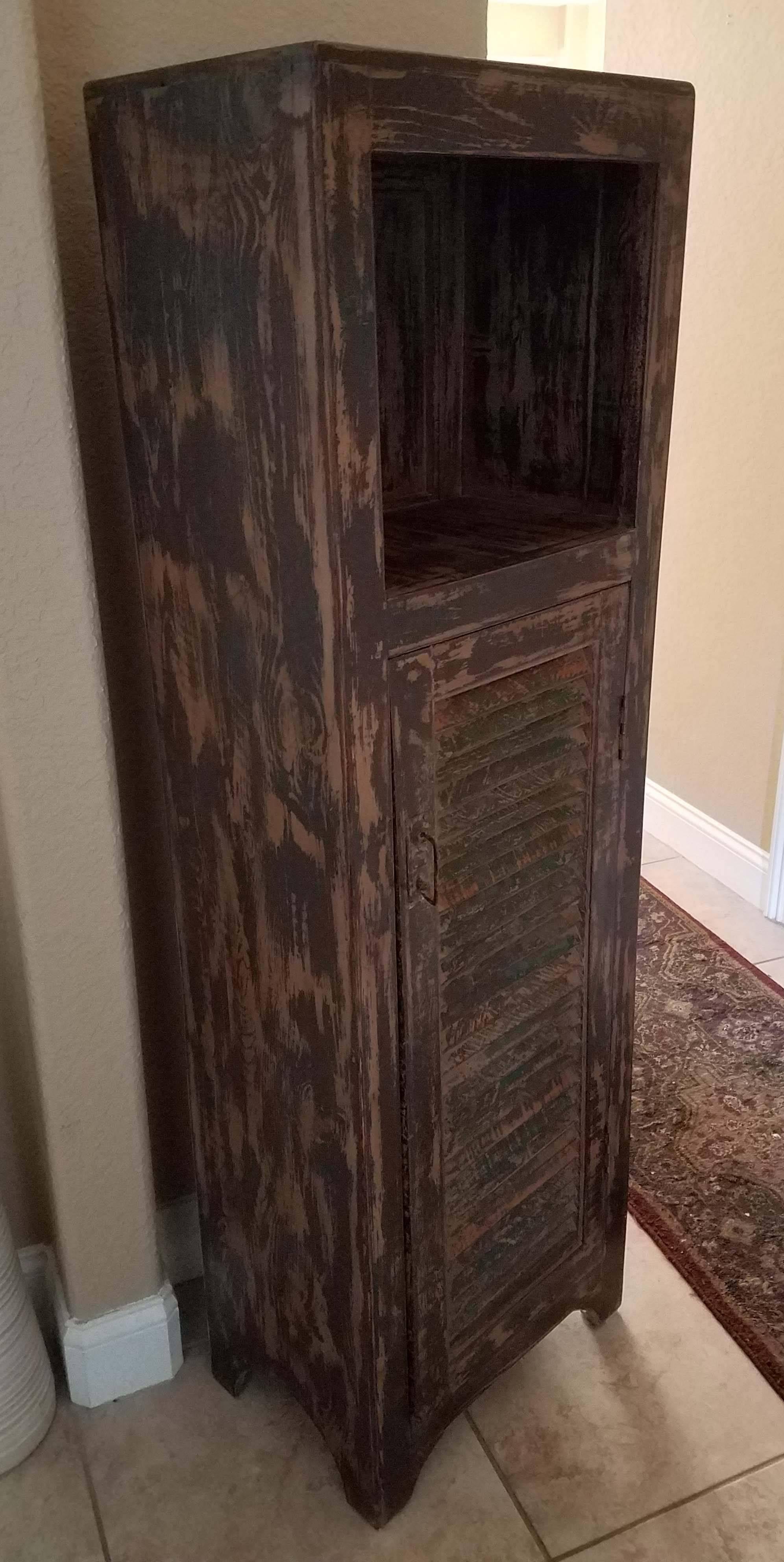 Contemporary Aged Brown Moroccan Carved Cabinet, Old Window Shutter For Sale