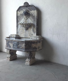 Aged Cast Stone Lions Head Wall Spitting Garden Fountain