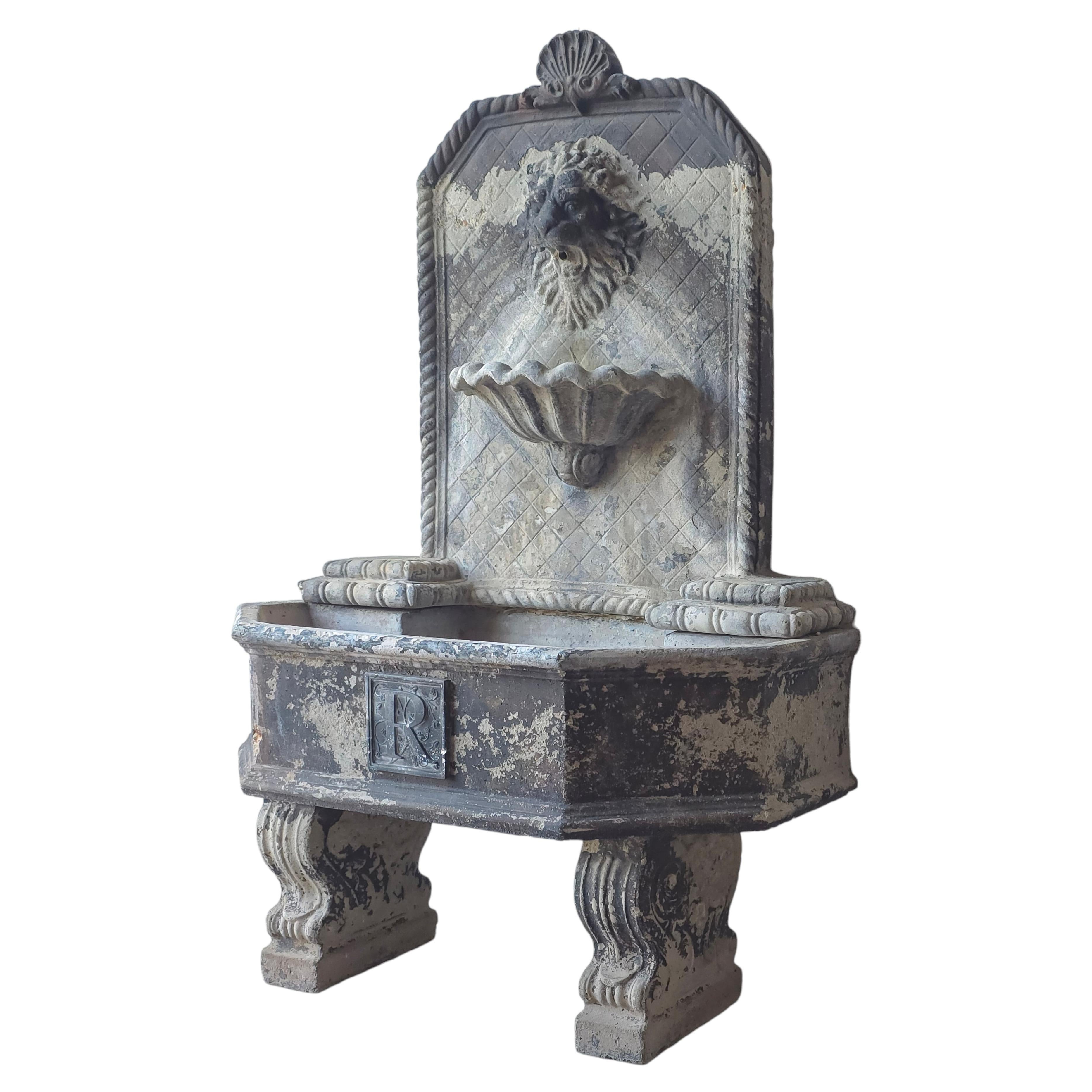 Aged Cast Stone Lions Head Wall Spitting Garden Fountain