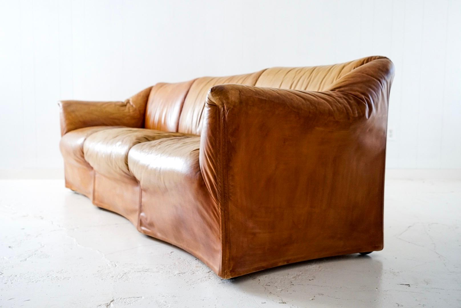 Aged Cognac Leather Tentazione Three-Seat Sofa by Mario Bellini for Cassina 1