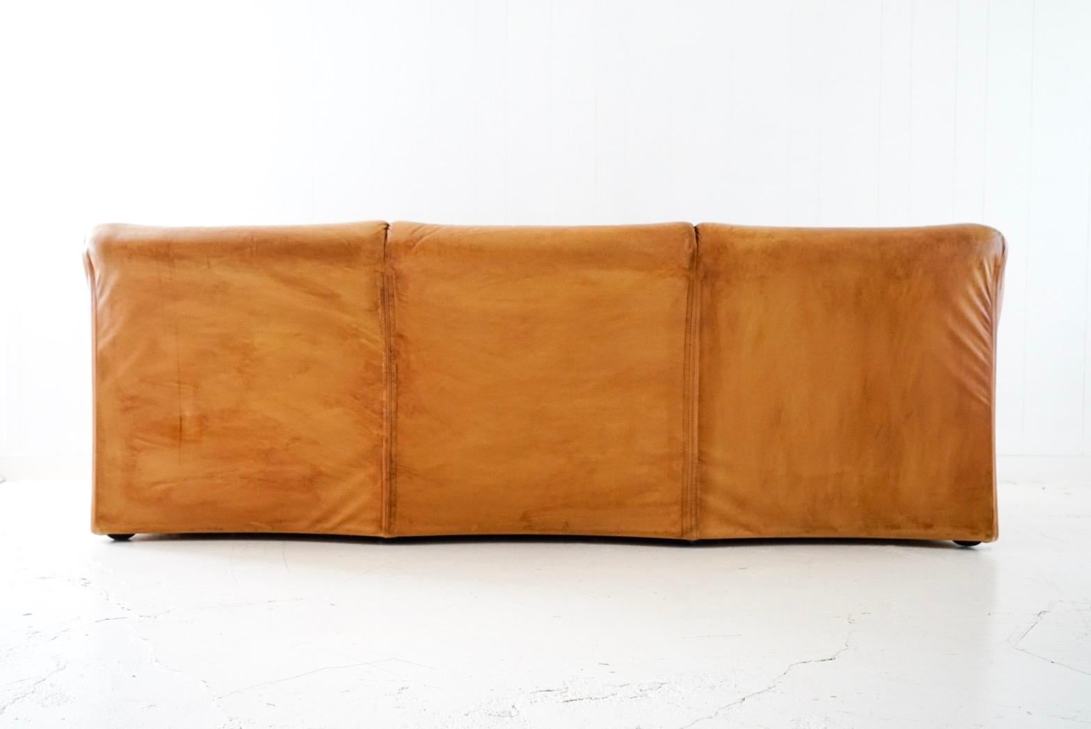 Aged Cognac Leather Tentazione Three-Seat Sofa by Mario Bellini for Cassina 6