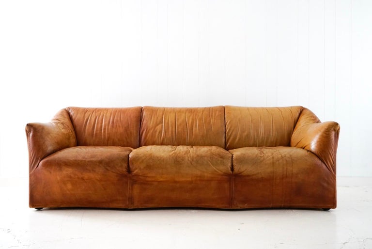Aged Cognac Leather Tentazione Three Seat Sofa By Mario Bellini