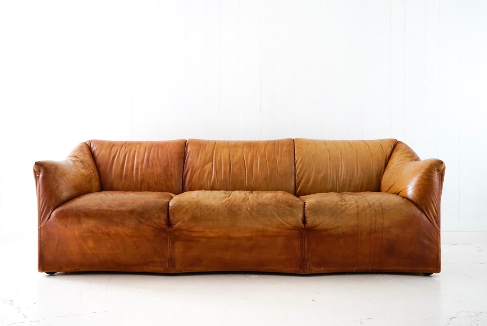 Aged Cognac Leather Tentazione Three-Seat Sofa by Mario Bellini for Cassina 8