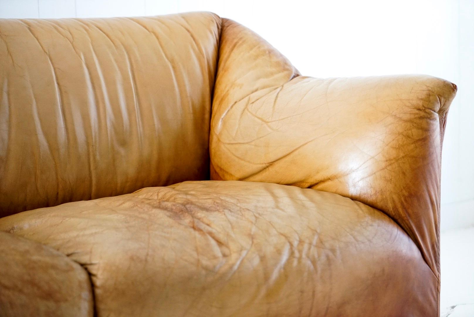 Italian Aged Cognac Leather Tentazione Three-Seat Sofa by Mario Bellini for Cassina
