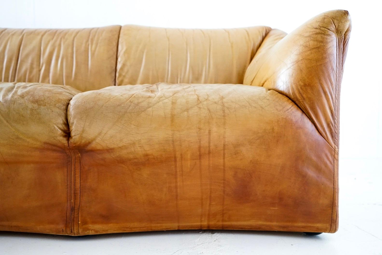 Italian Aged Cognac Leather Tentazione Three-Seat Sofa by Mario Bellini for Cassina