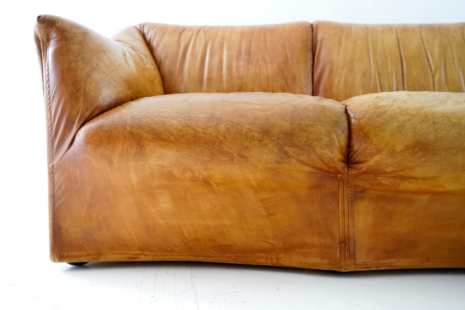 Aged Cognac Leather Tentazione Three-Seat Sofa by Mario Bellini for Cassina 2