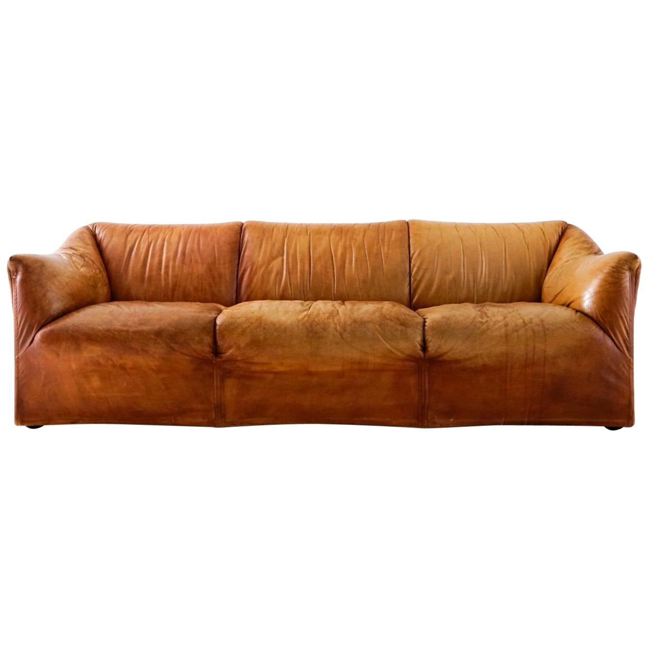 Aged Cognac Leather Tentazione Three-Seat Sofa by Mario Bellini for Cassina