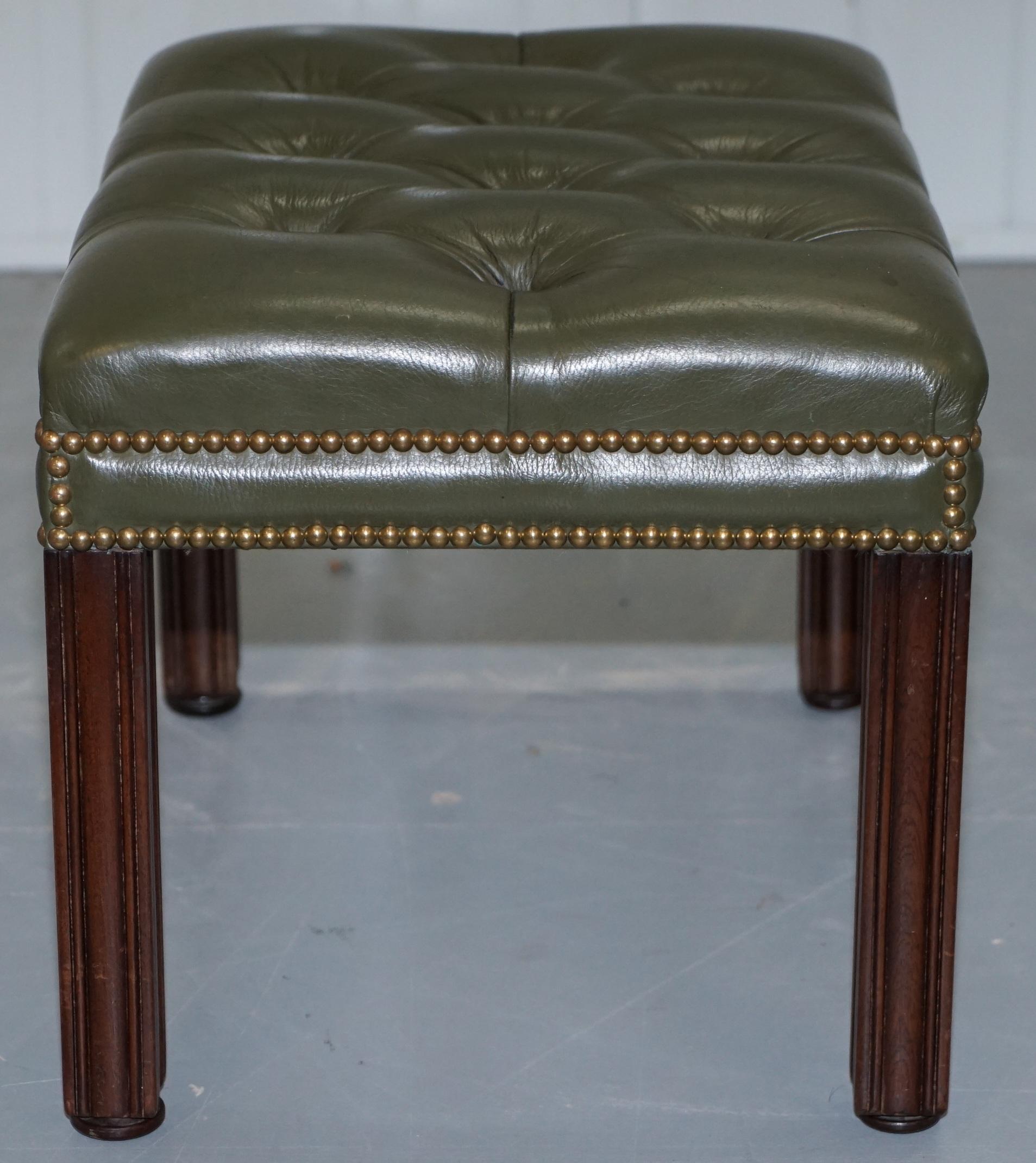 20th Century Aged Green Leather Chesterfield Mahogany Framed Footstool for Club Armchairs