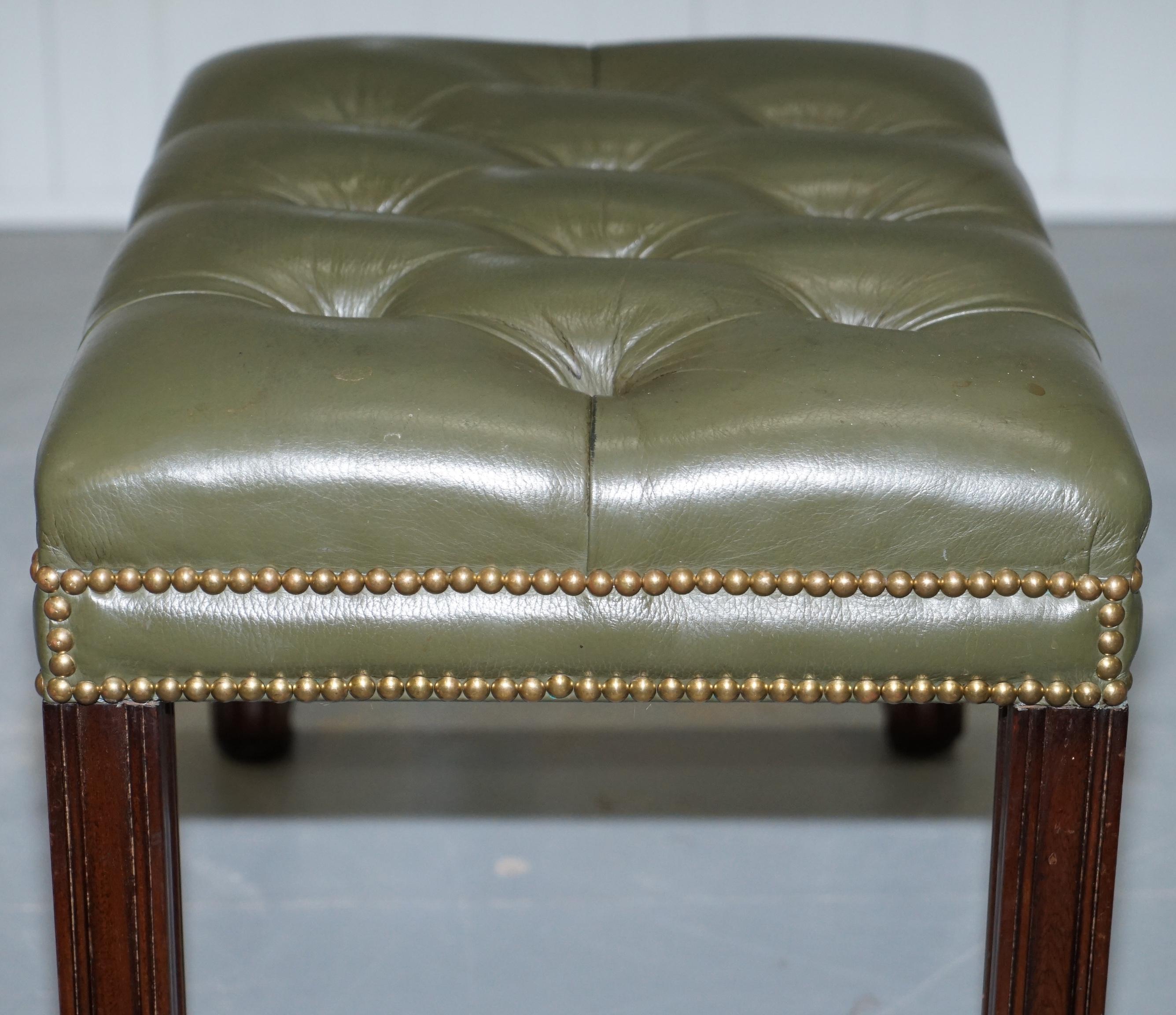 Aged Green Leather Chesterfield Mahogany Framed Footstool for Club Armchairs 1