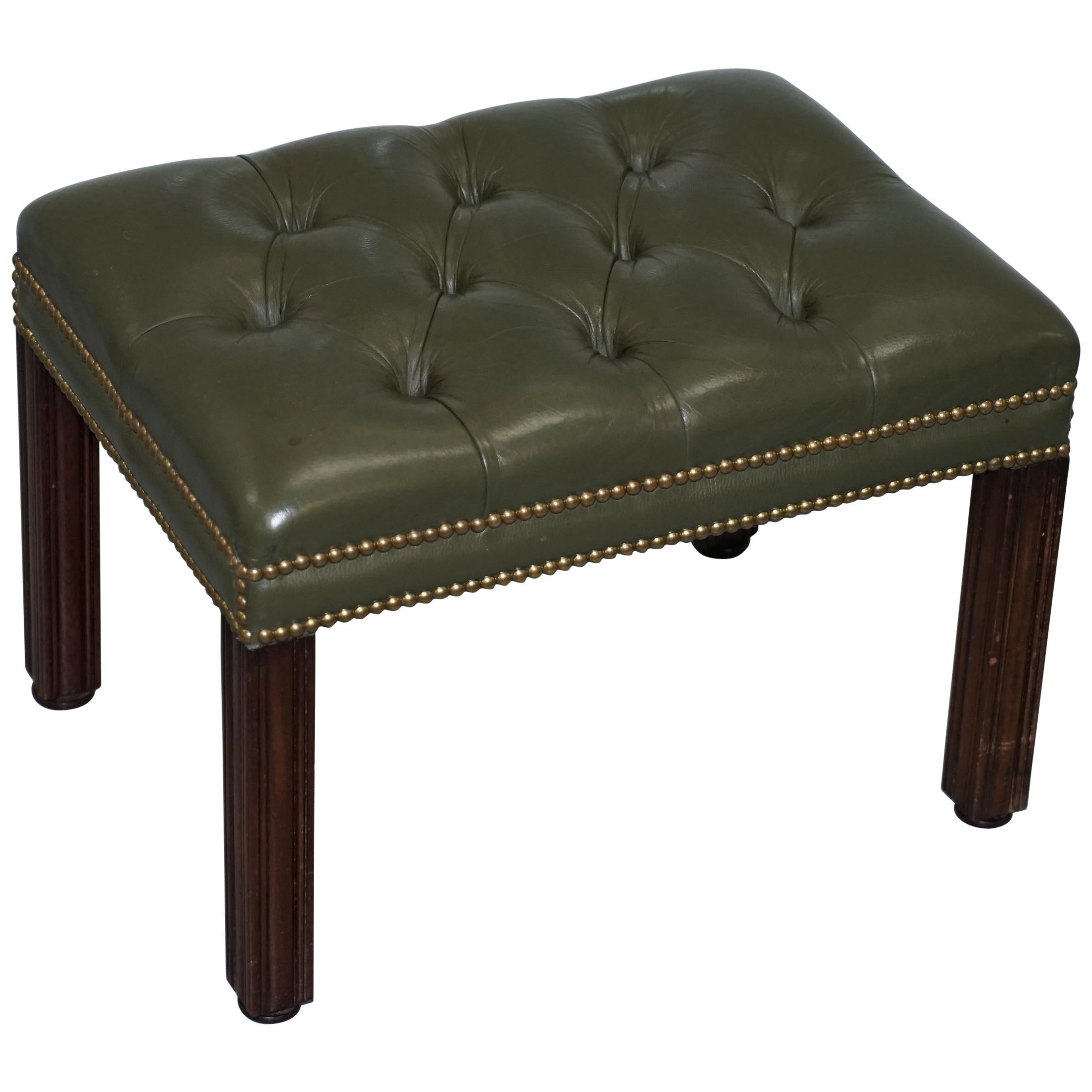 Aged Green Leather Chesterfield Mahogany Framed Footstool for Club Armchairs