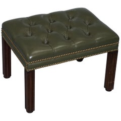 Vintage Aged Green Leather Chesterfield Mahogany Framed Footstool for Club Armchairs