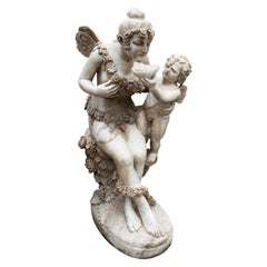Aged Hand Carved White Marble Sculpture of Fairy with Cherub Boy
