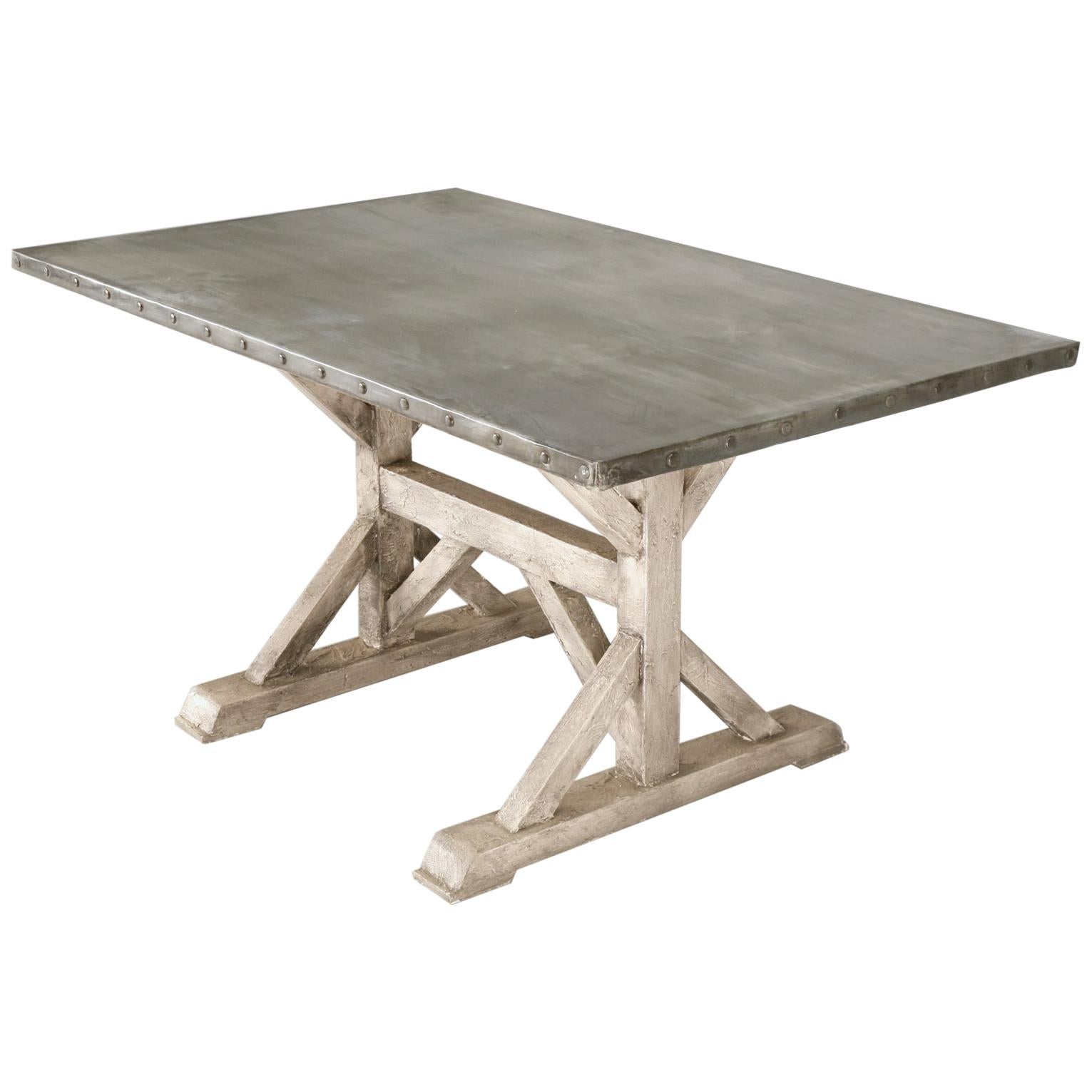 Aged Handmade Zinc Top Dining Table with Painted Base in Any Dimension