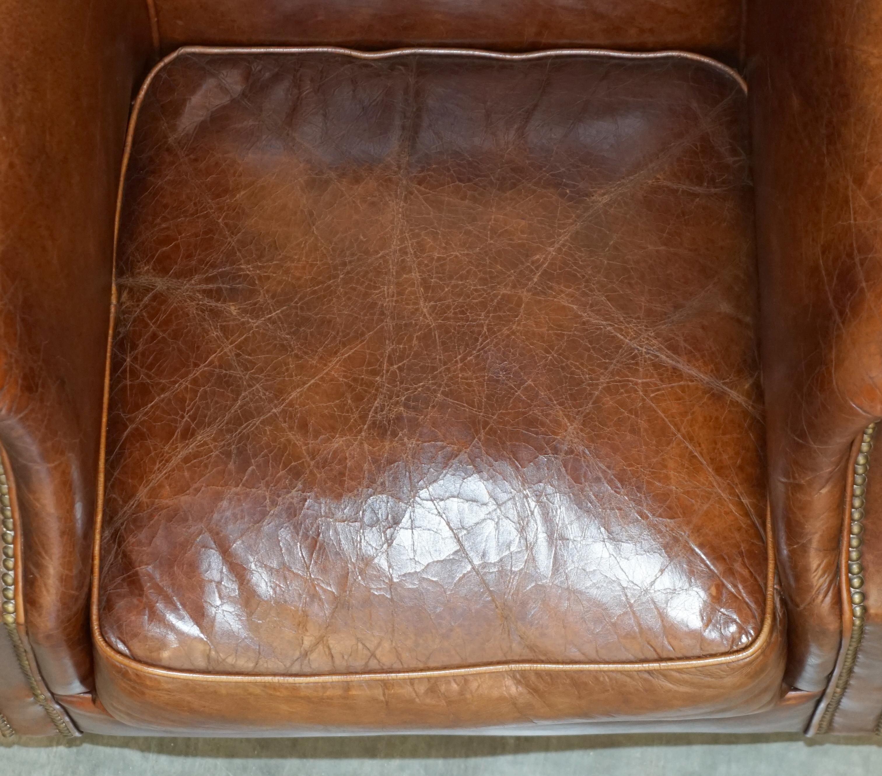 AGED HERiTAGE BROWN LEATHER BIKER TAN CLUB TUB ARMCHAIR MUST SEE LOVELY PATINa!! For Sale 4