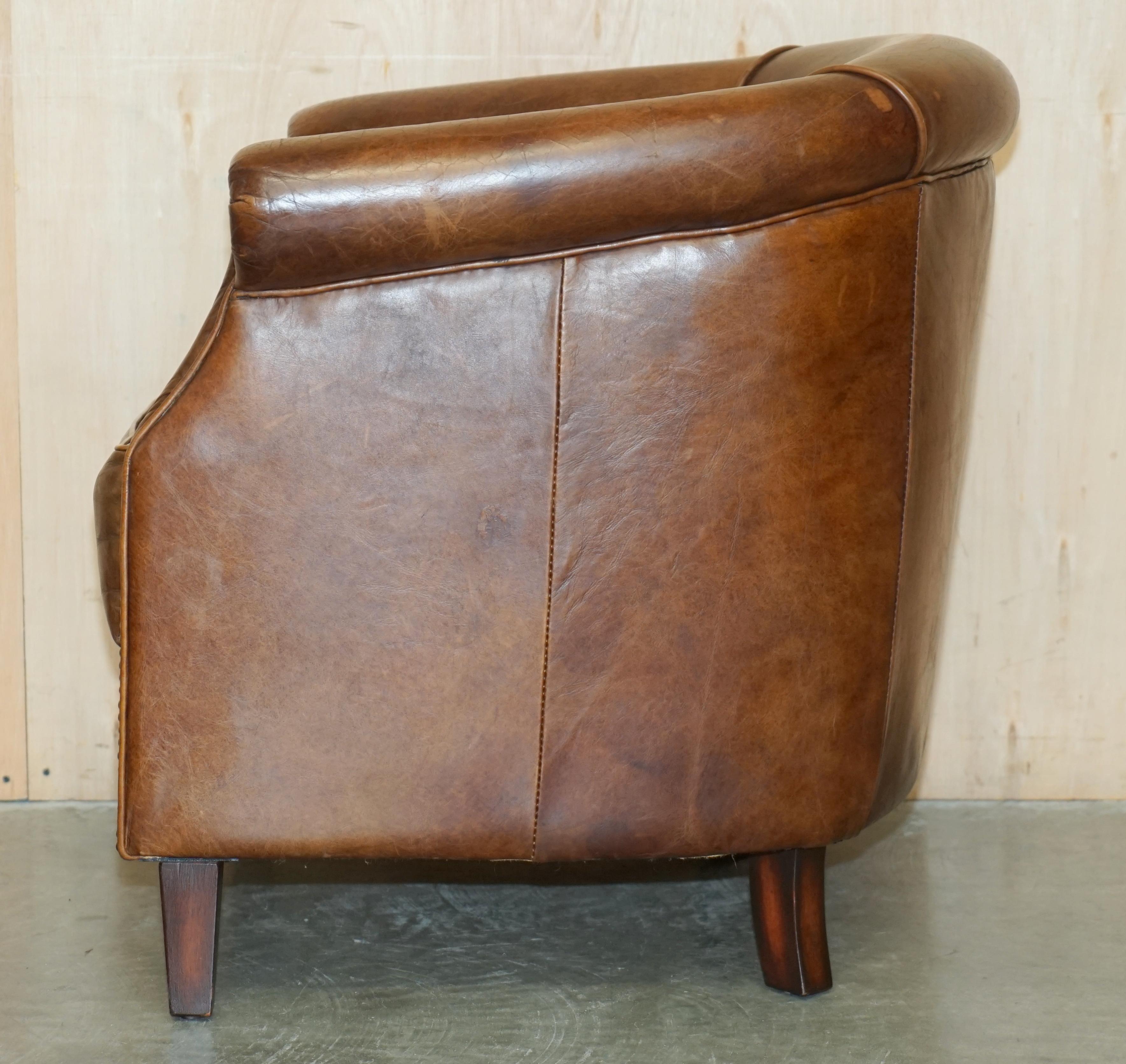 AGED HERiTAGE BROWN LEATHER BIKER TAN CLUB TUB ARMCHAIR MUST SEE LOVELY PATINa!! For Sale 7